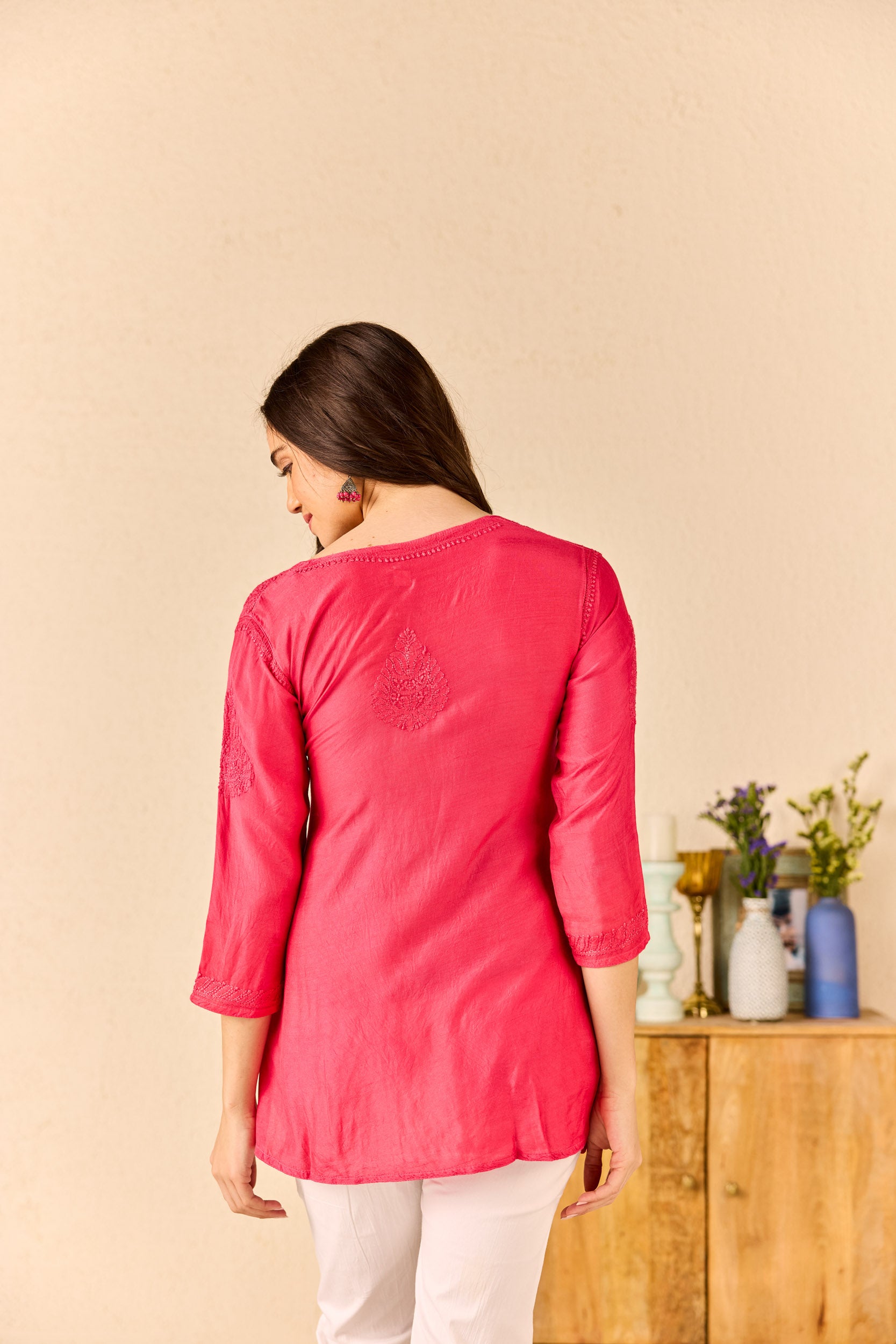 Arabella Hot Pink Muslin Hand Embroidered Short Chikankari Kurti
