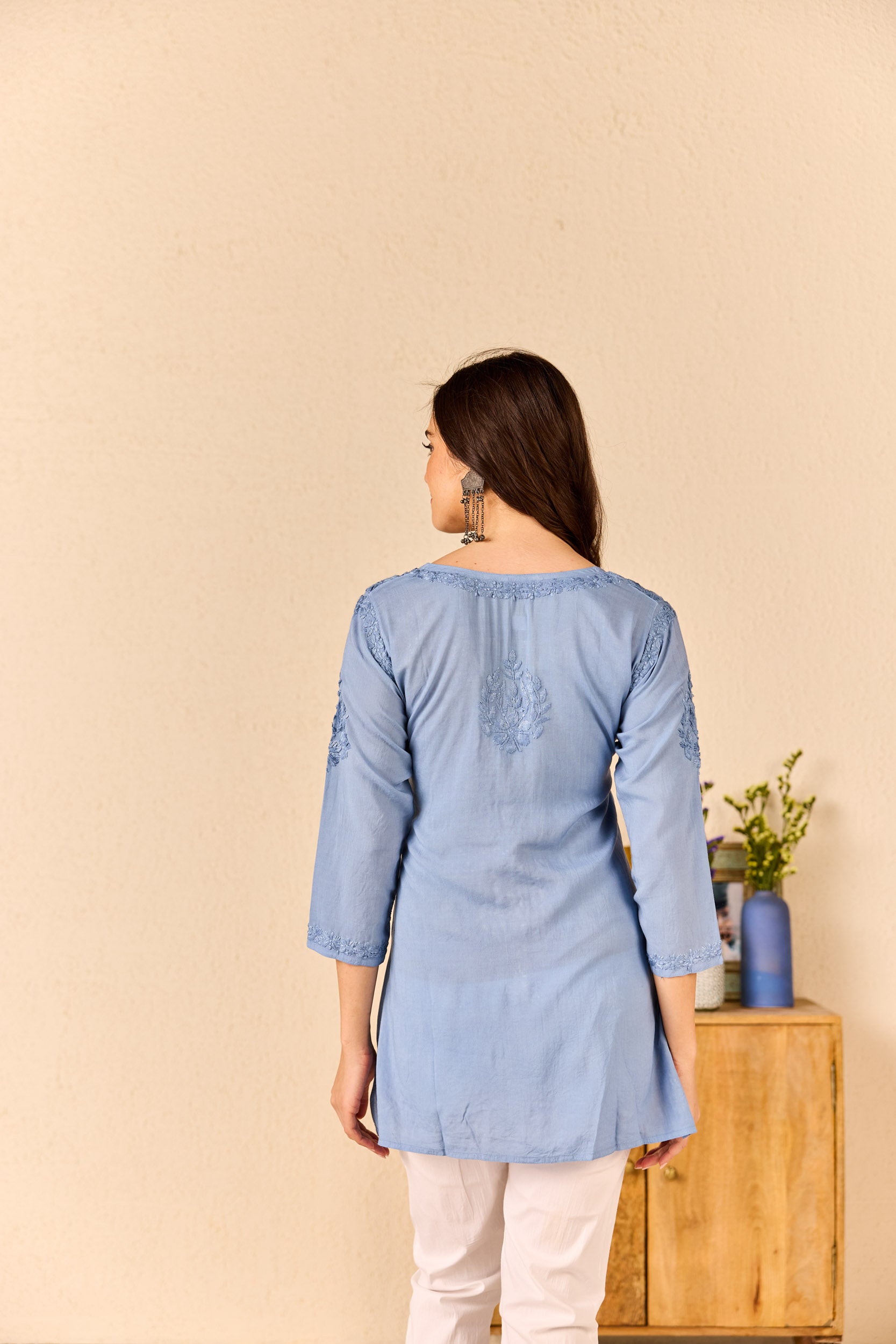 Noorain Blue Modal Hand Embroidered Short Chikankari Kurti