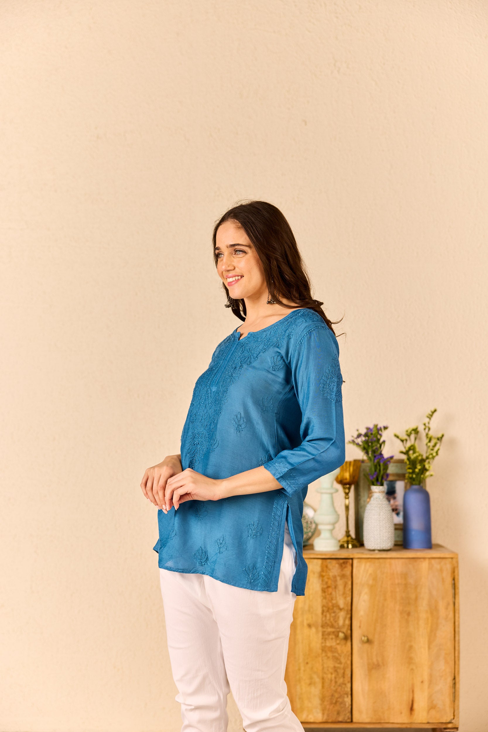Marissa Royal Blue Muslin Hand Embroidered Short Chikankari Kurti