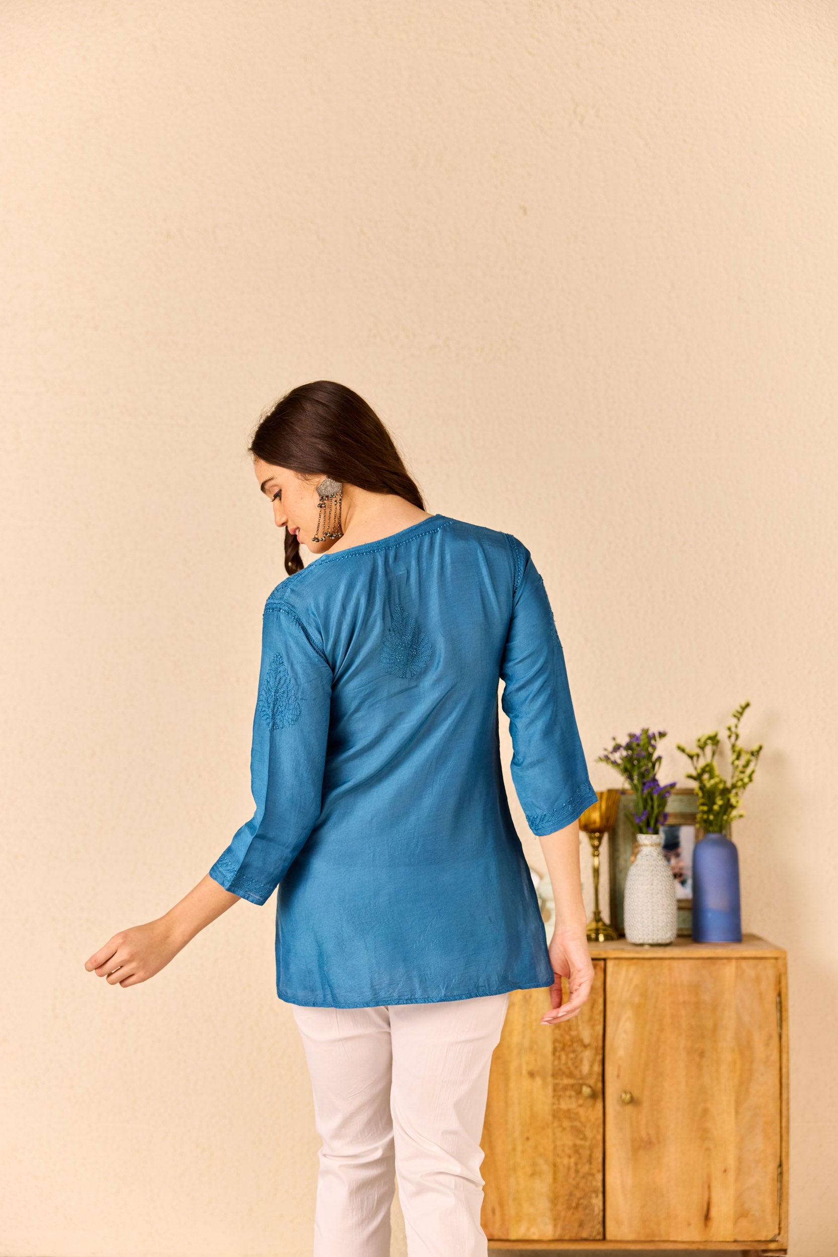 Marissa Royal Blue Muslin Hand Embroidered Short Chikankari Kurti