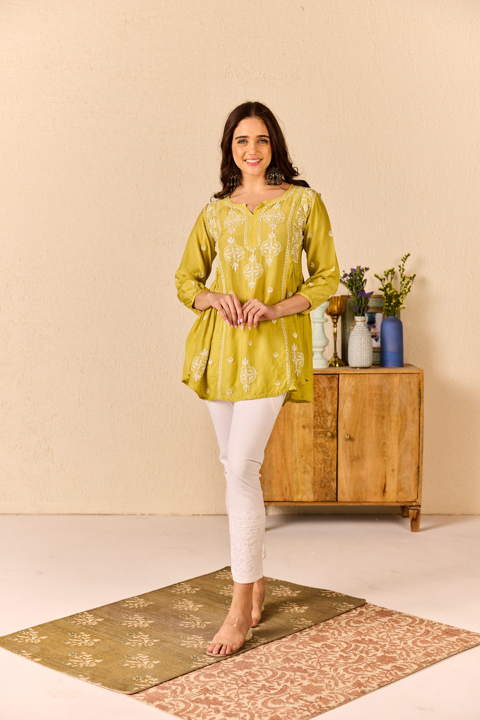 Areeba Yellow Muslin Hand Embroidered Short Chikankari Kurti