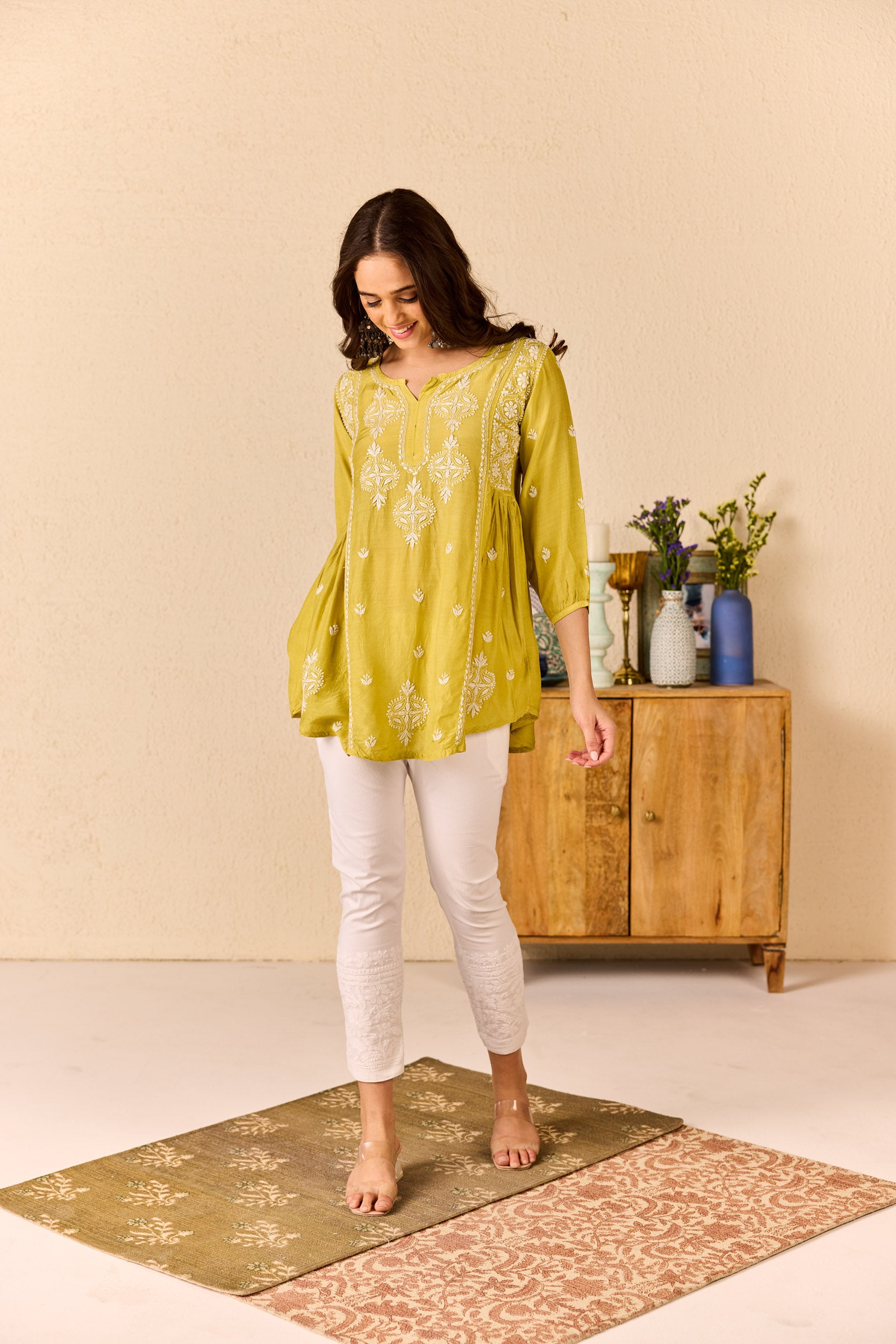Areeba Yellow Muslin Hand Embroidered Short Chikankari Kurti
