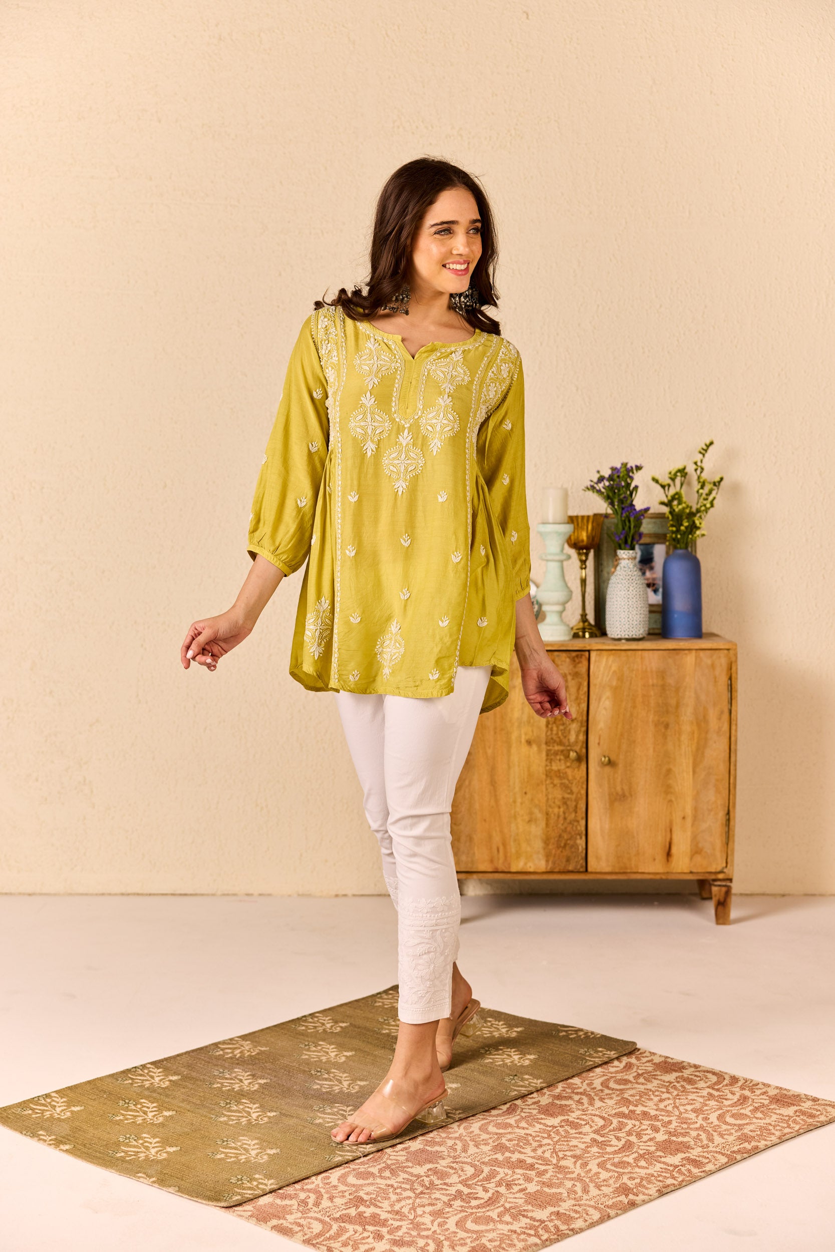 Areeba Yellow Muslin Hand Embroidered Short Chikankari Kurti