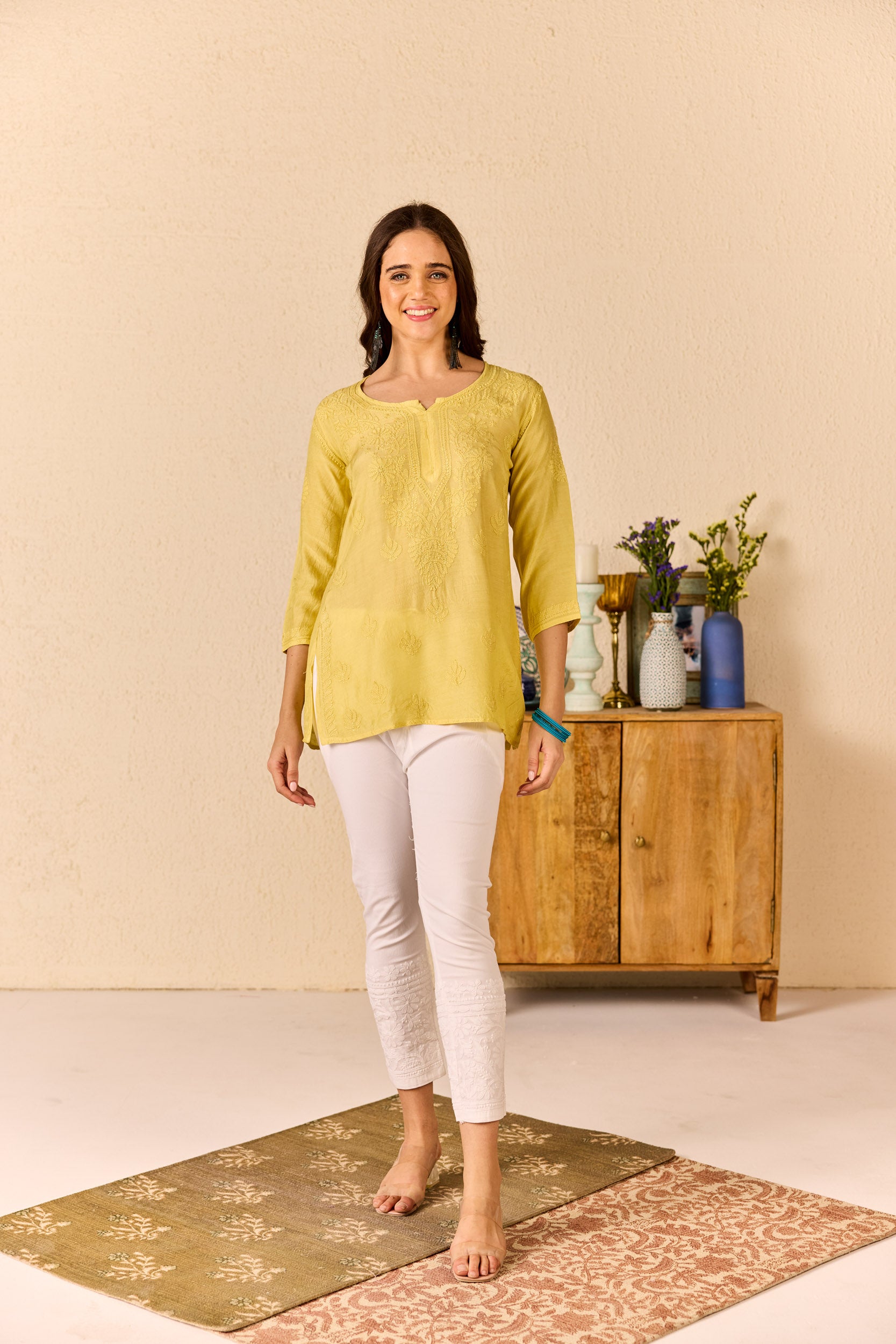 Araya Yellow Muslin Hand Embroidered Short Chikankari Kurti