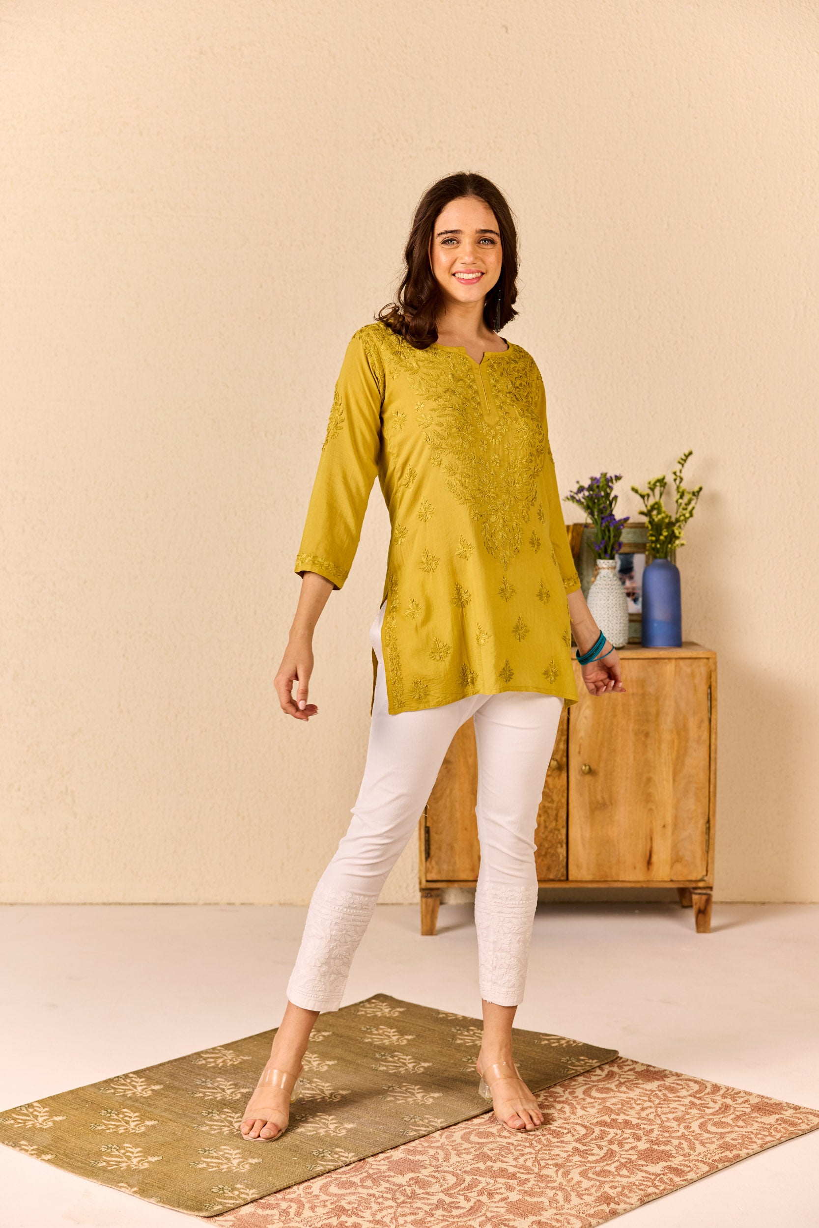 Laiba Mustard Yellow Modal Hand Embroidered Short Chikankari Kurti