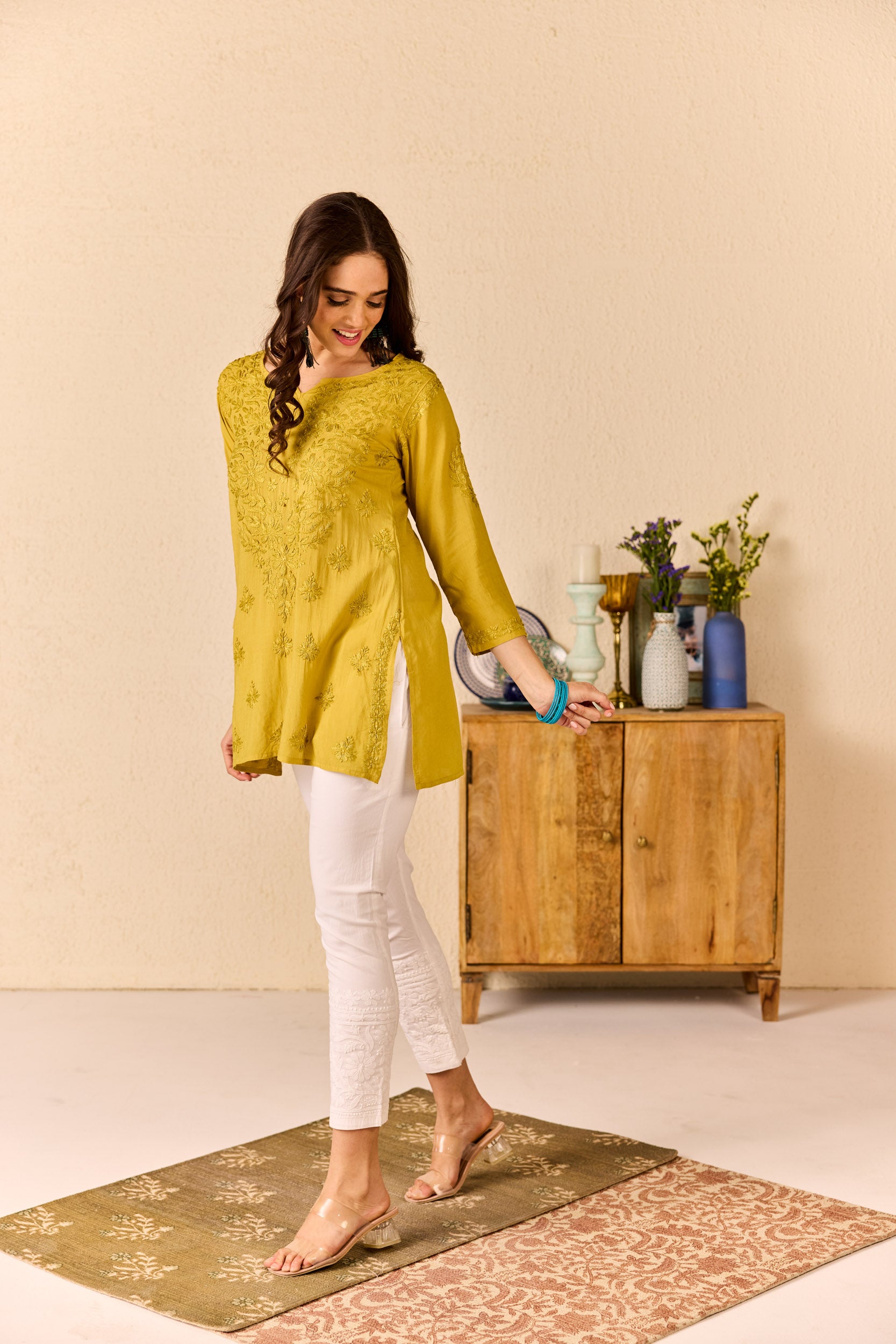 Laiba Mustard Yellow Modal Hand Embroidered Short Chikankari Kurti