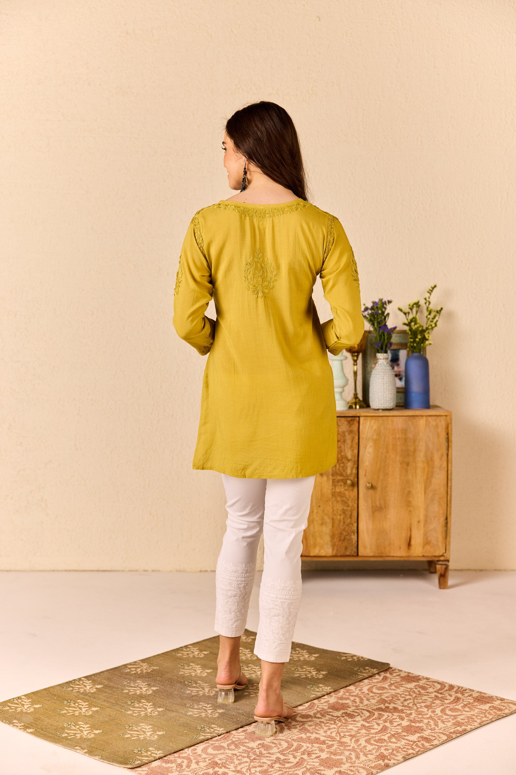 Laiba Mustard Yellow Modal Hand Embroidered Short Chikankari Kurti