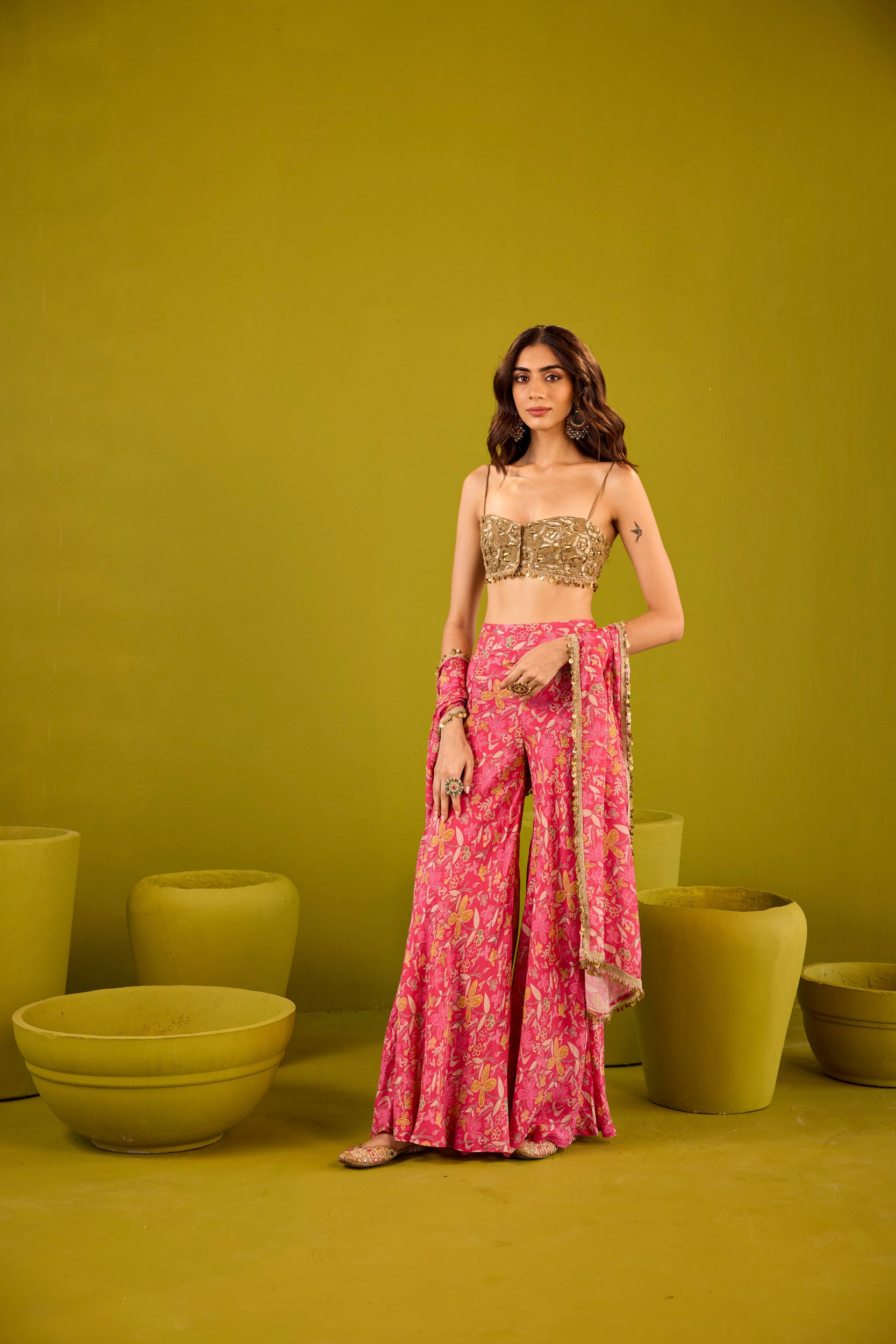 Mannat Hot Pink Muslin Sharara Set With Gold Embroidered Blouse