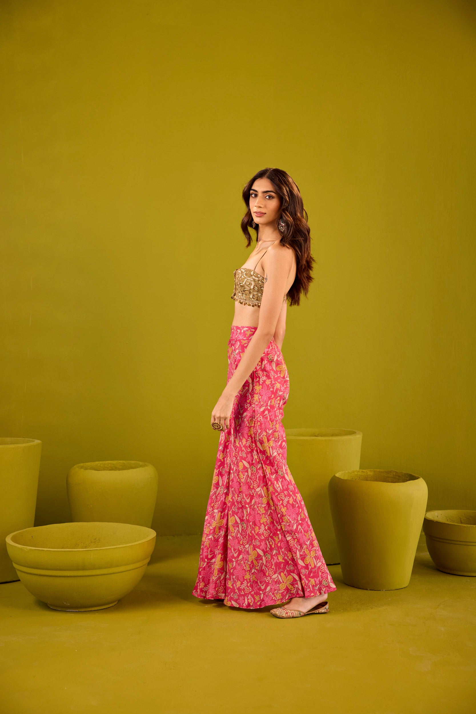 Mannat Hot Pink Muslin Sharara Set With Gold Embroidered Blouse
