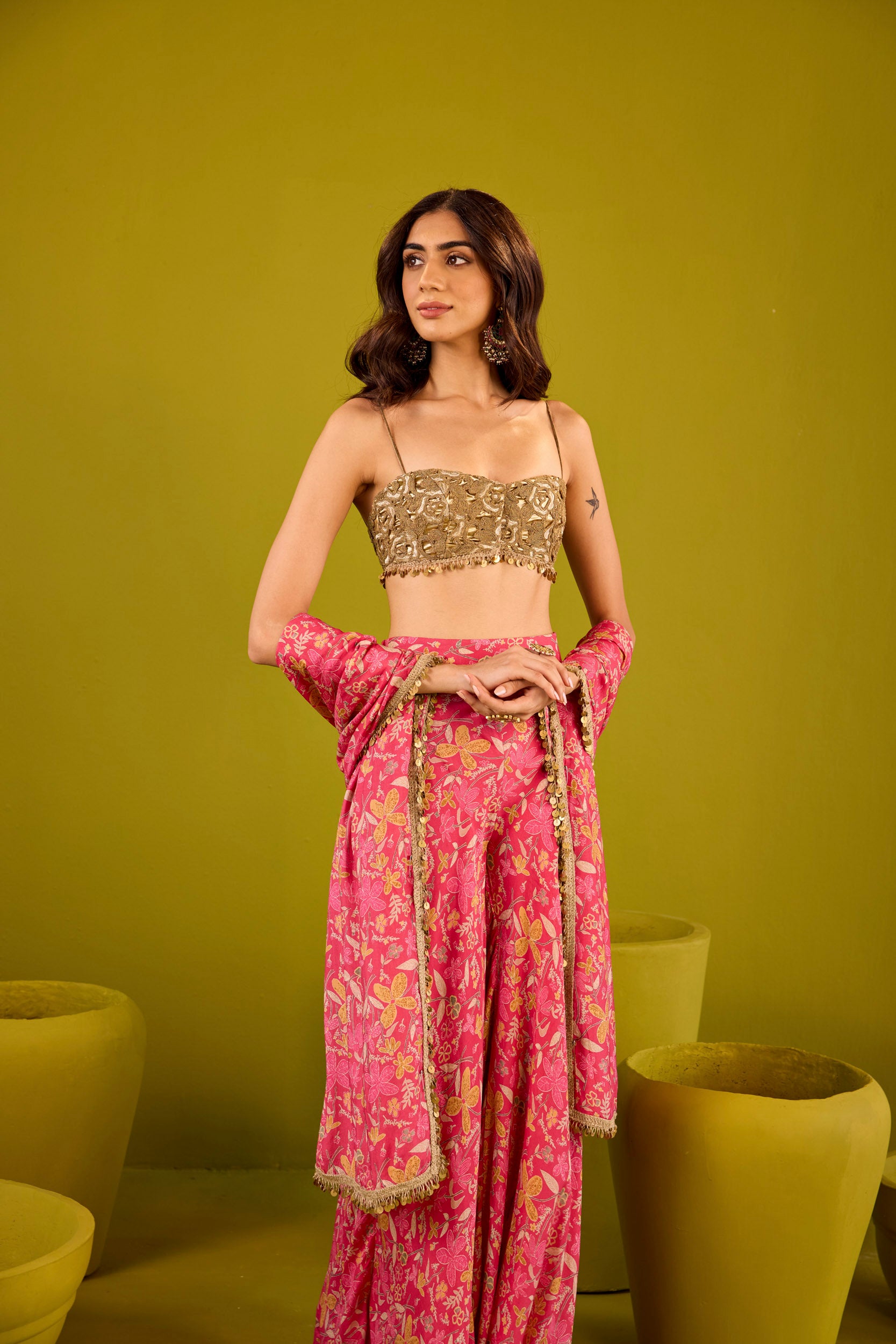 Mannat Hot Pink Muslin Sharara Set With Gold Embroidered Blouse