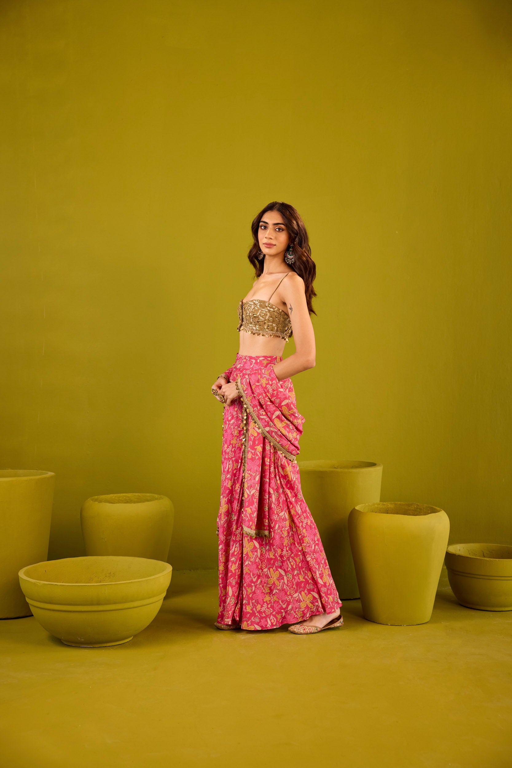 Mannat Hot Pink Muslin Sharara Set With Gold Embroidered Blouse