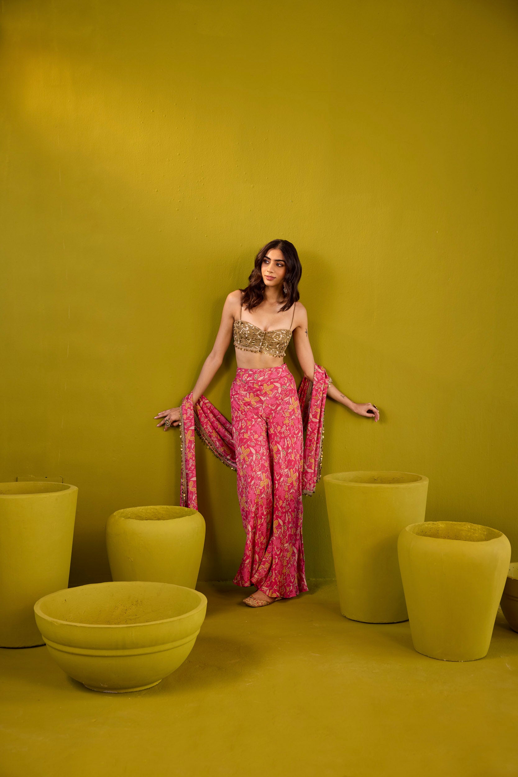Mannat Hot Pink Muslin Sharara Set With Gold Embroidered Blouse
