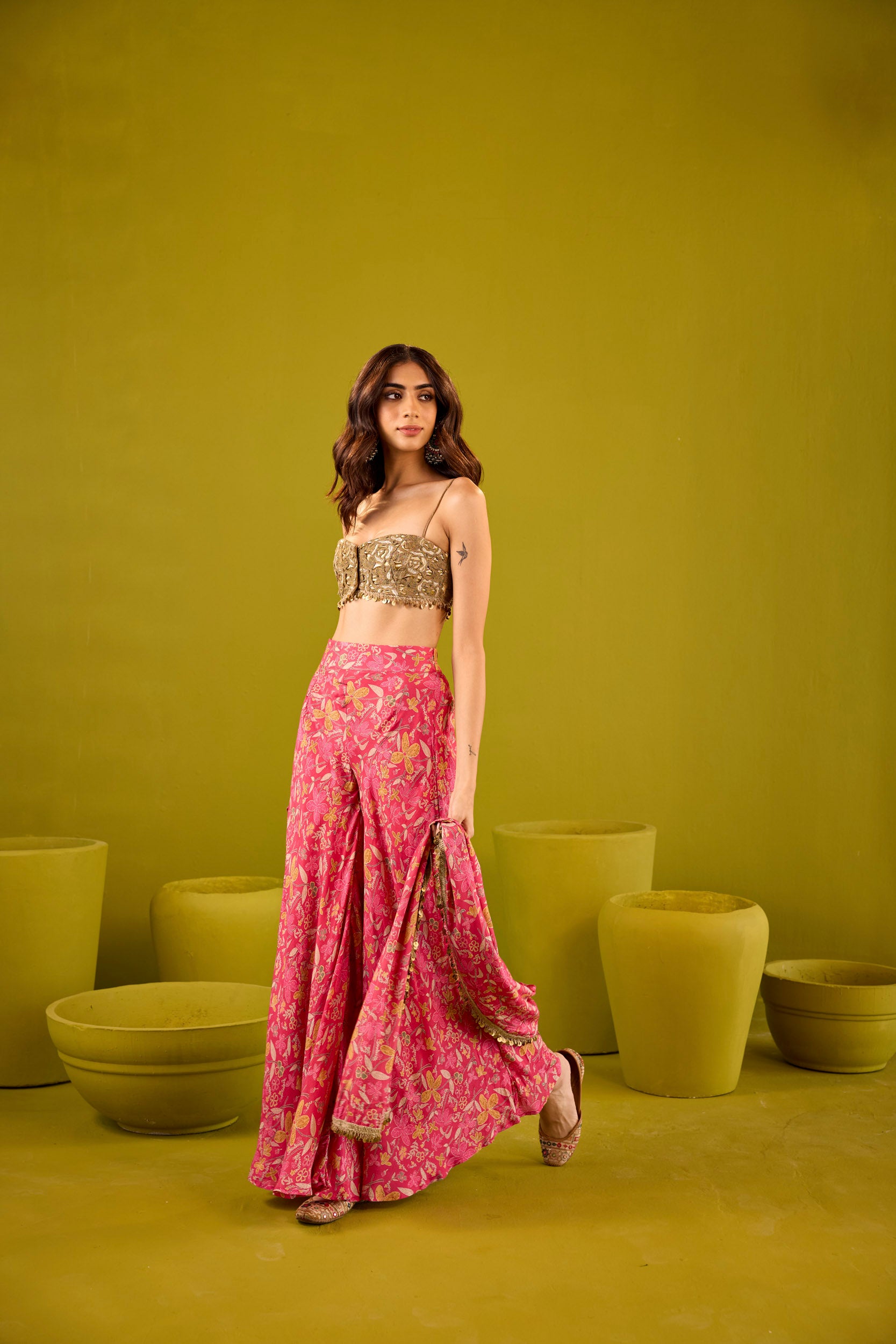 Mannat Hot Pink Muslin Sharara Set With Gold Embroidered Blouse