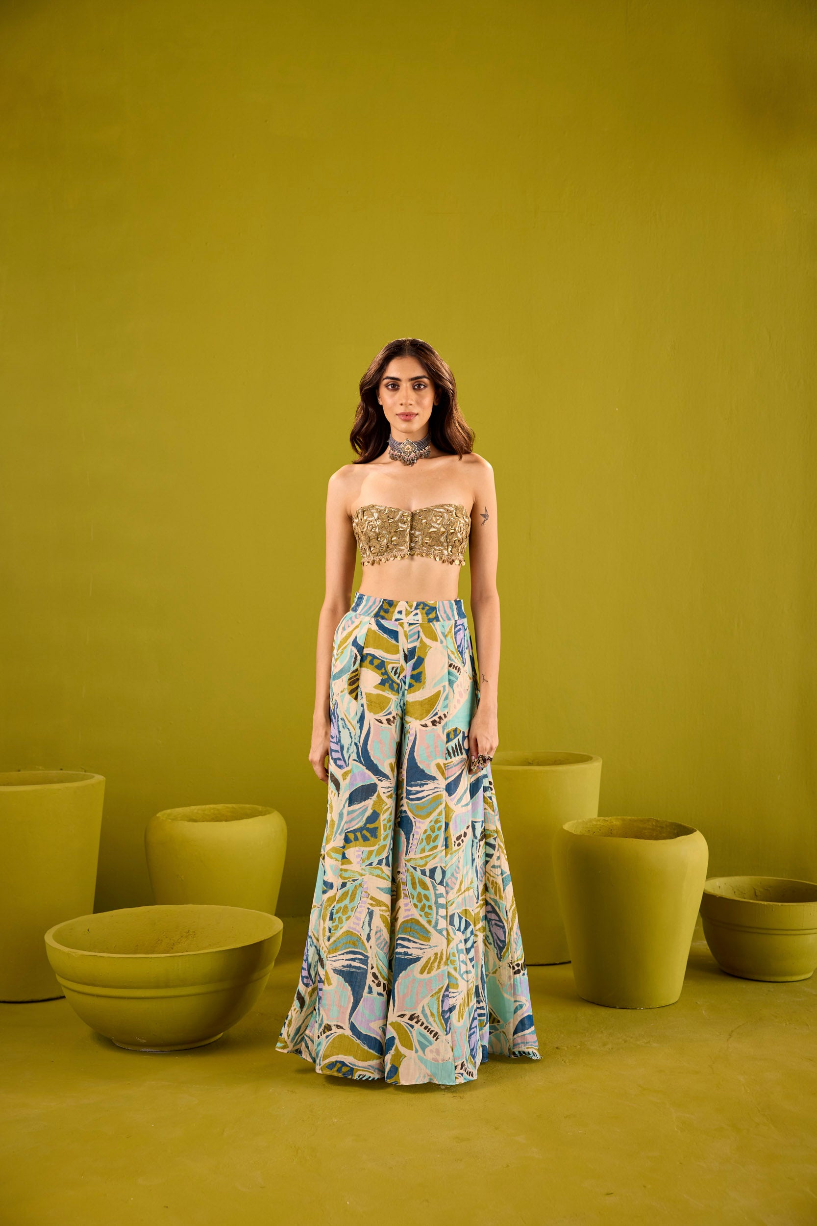 Tasneem Blue Tissue Sharara Set With Gold Strapless Embroidered Blouse