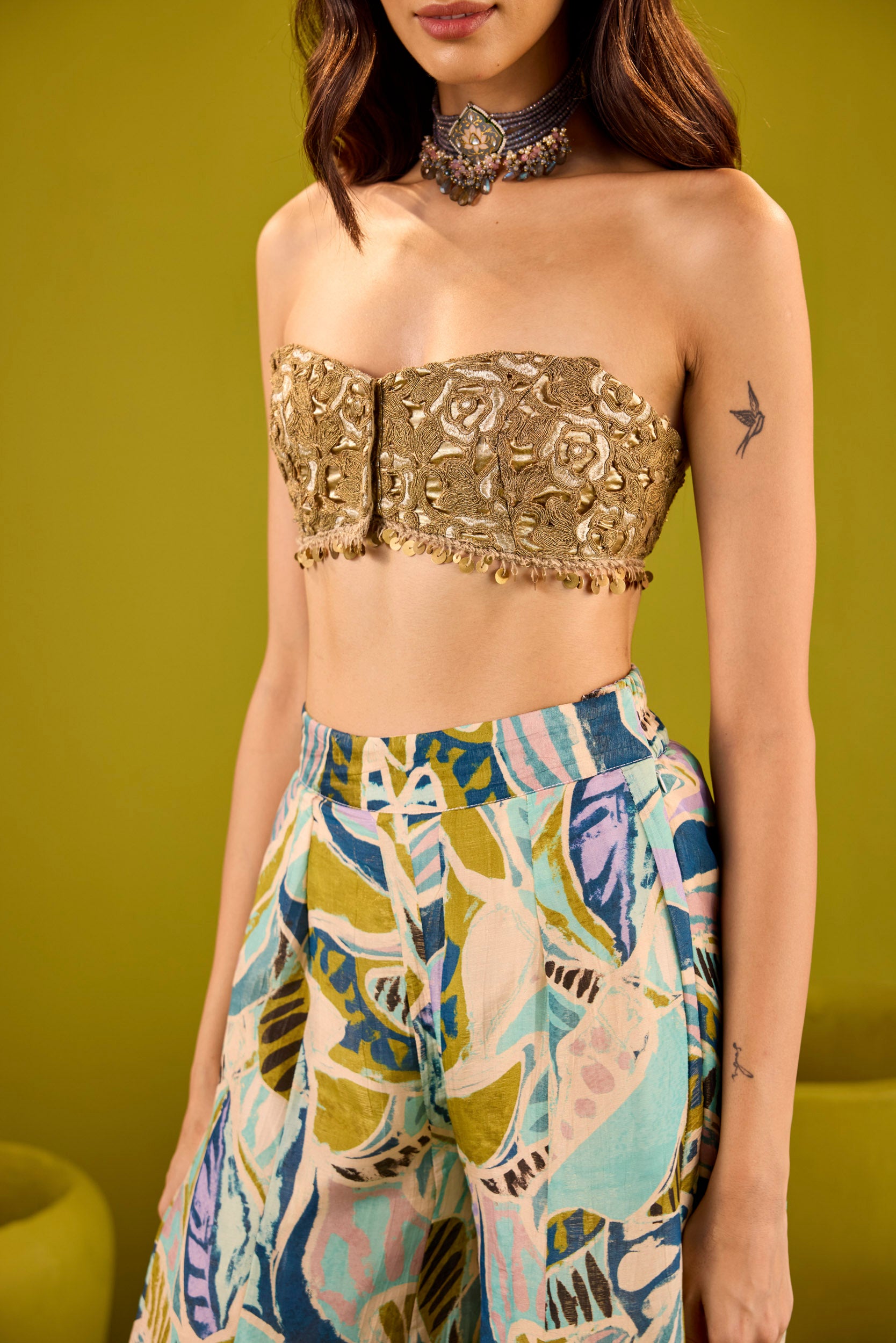 Tasneem Blue Tissue Sharara Set With Gold Strapless Embroidered Blouse