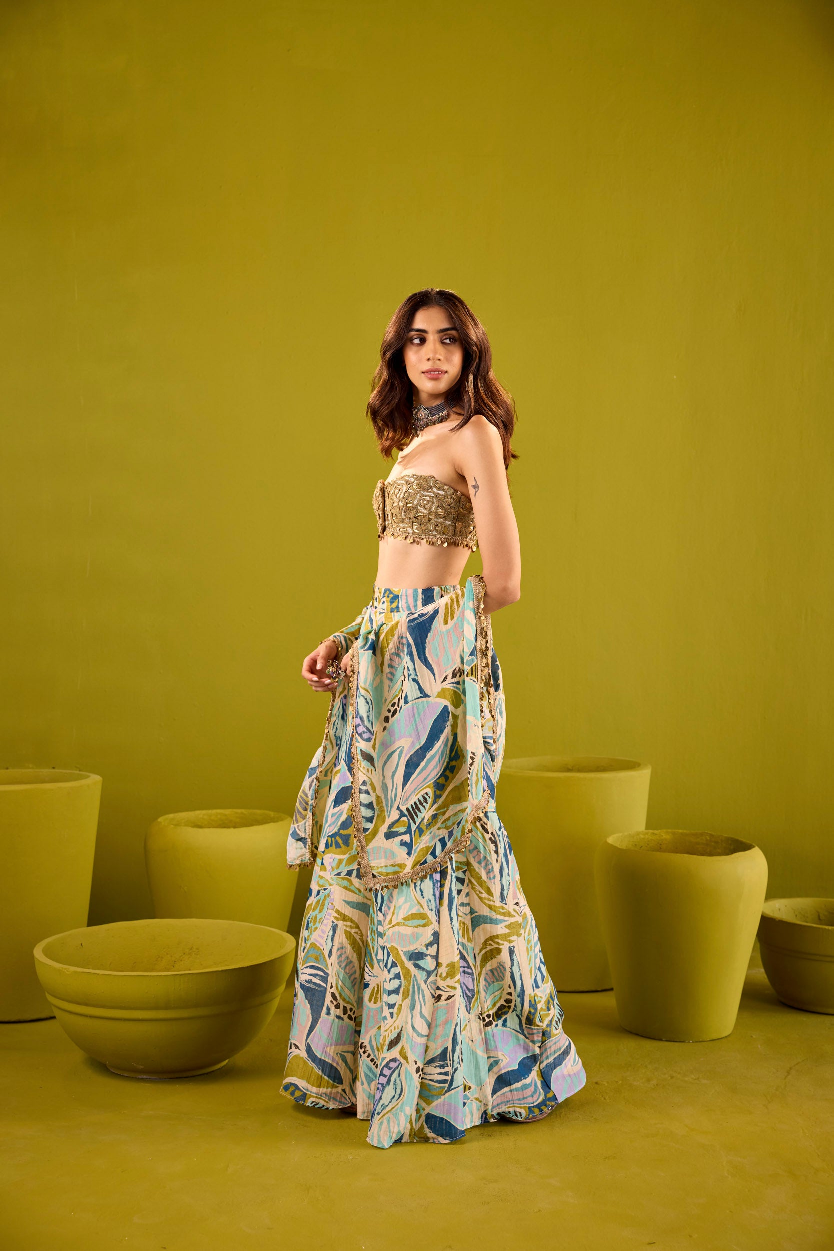 Tasneem Blue Tissue Sharara Set With Gold Strapless Embroidered Blouse