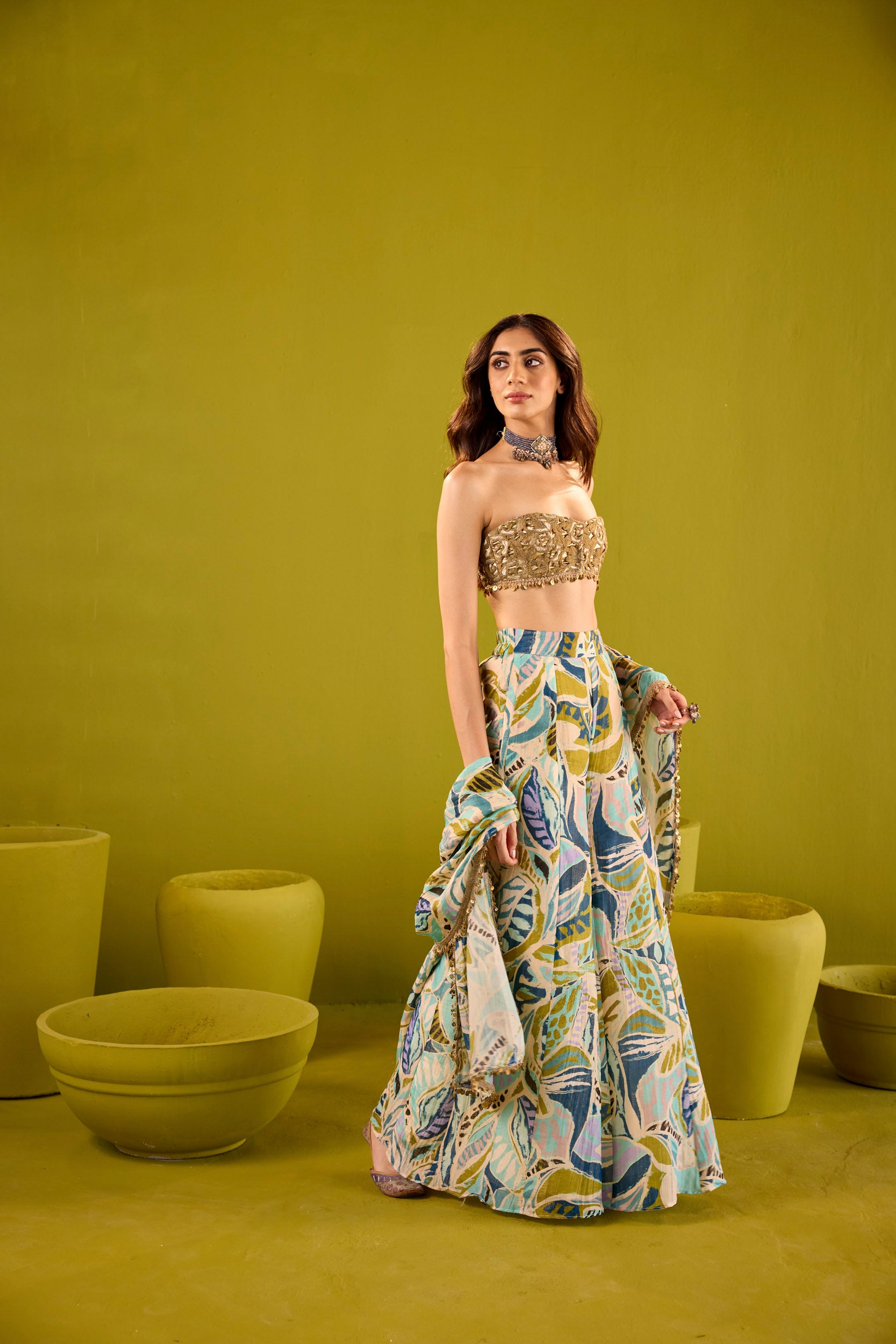 Tasneem Blue Tissue Sharara Set With Gold Strapless Embroidered Blouse