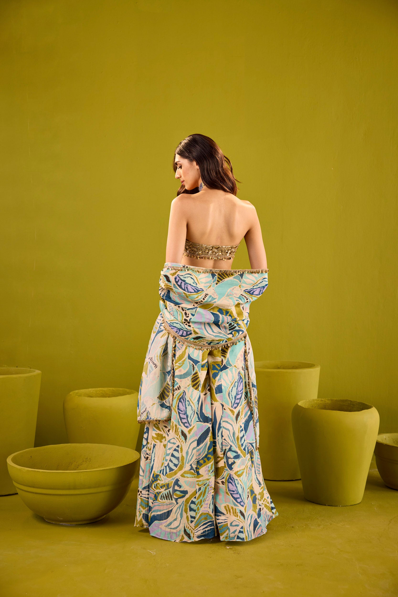 Tasneem Blue Tissue Sharara Set With Gold Strapless Embroidered Blouse