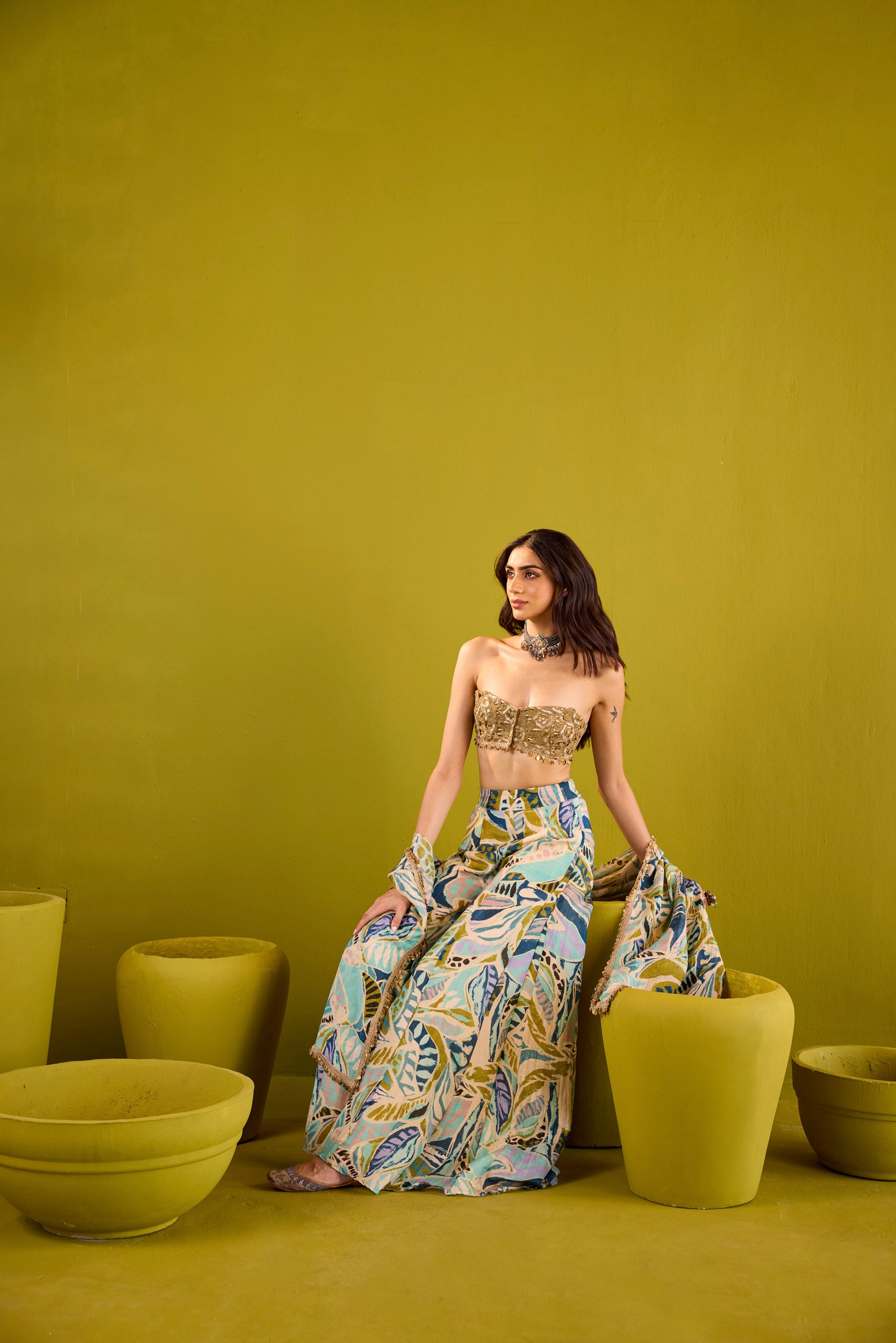 Tasneem Blue Tissue Sharara Set With Gold Strapless Embroidered Blouse