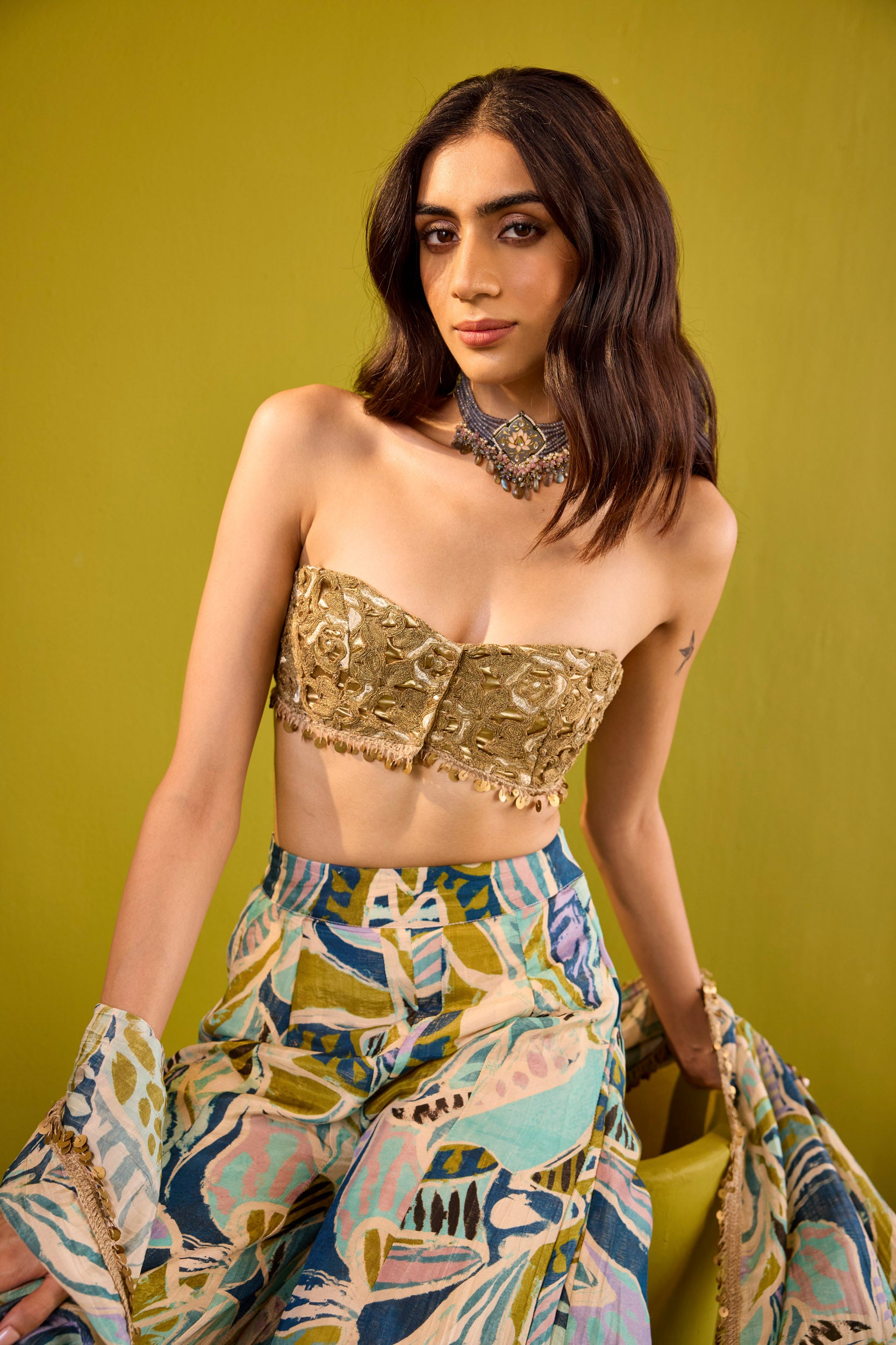 Tasneem Blue Tissue Sharara Set With Gold Strapless Embroidered Blouse