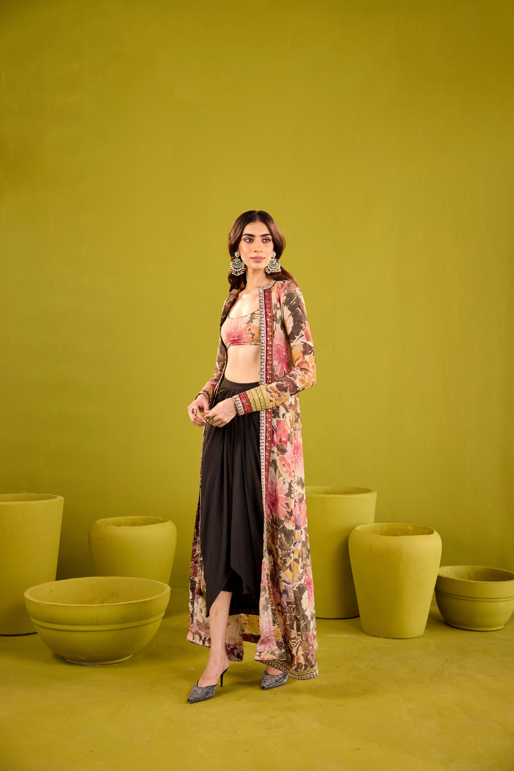 Rehnuma Black Tissue Jacket & Blouse Set With Crepe Skirt