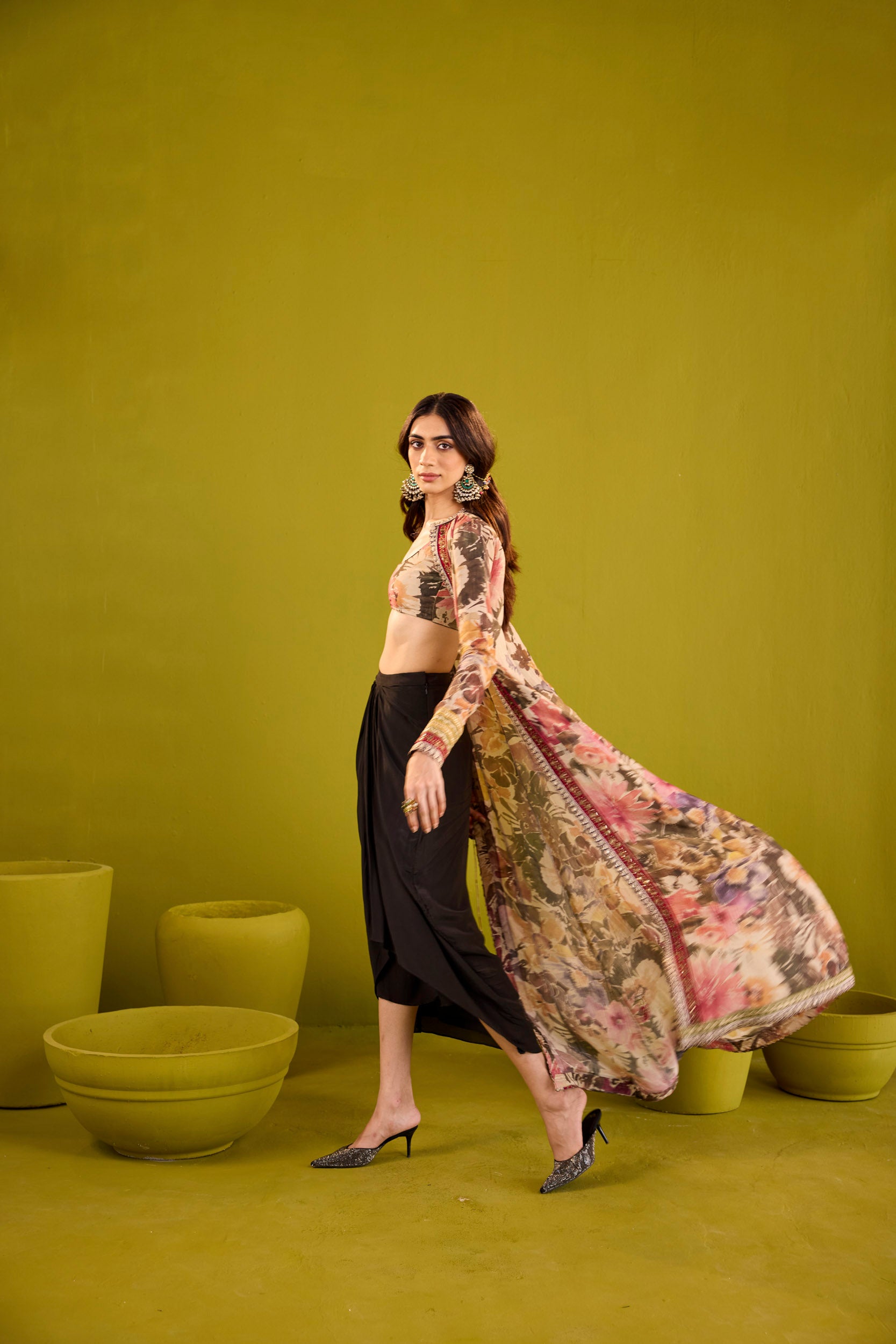 Rehnuma Black Tissue Jacket & Blouse Set With Crepe Skirt