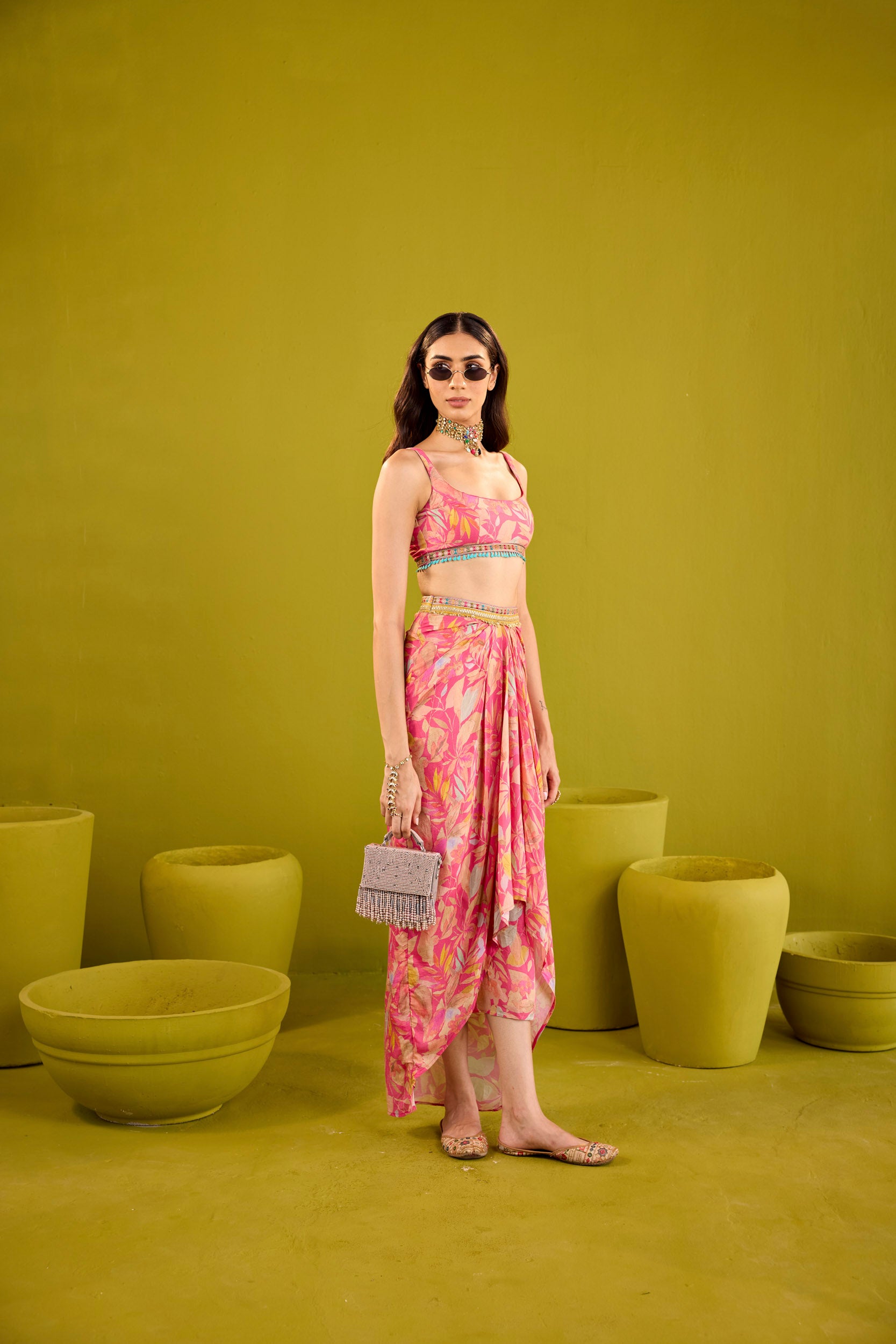 Zareena Pink Muslin Blouse & Skirt Set With Dupatta