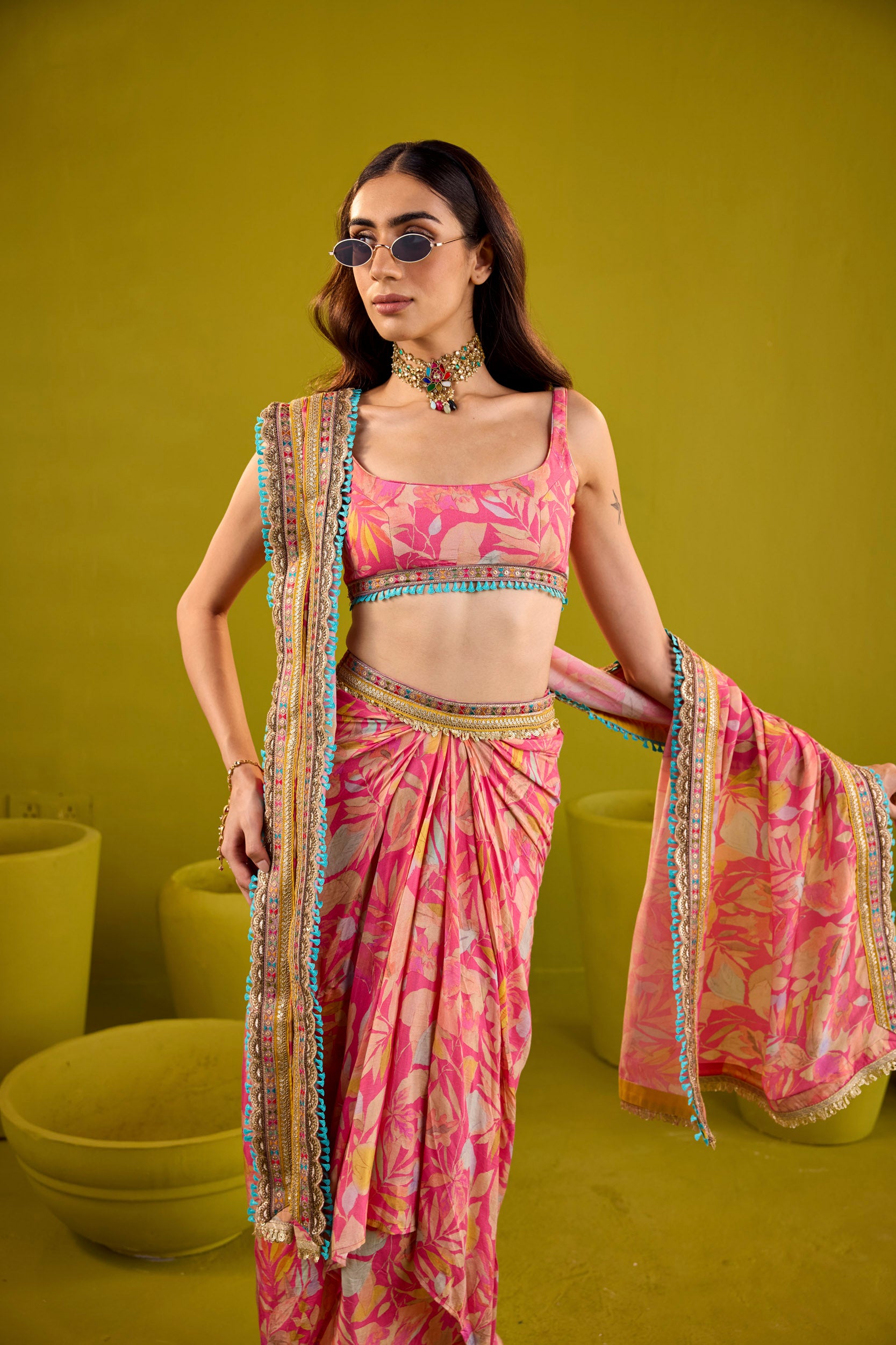 Zareena Pink Muslin Blouse & Skirt Set With Dupatta