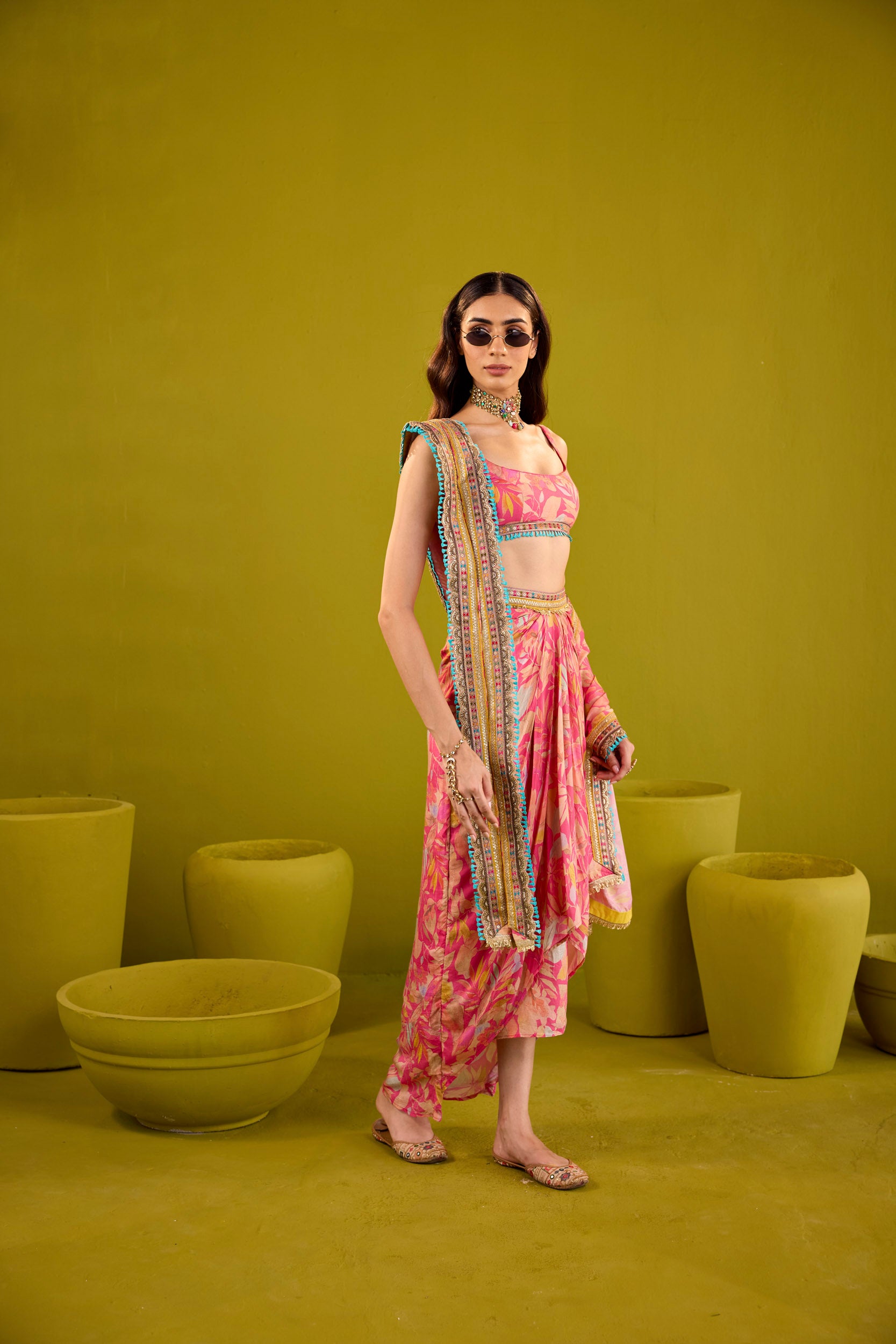 Zareena Pink Muslin Blouse & Skirt Set With Dupatta