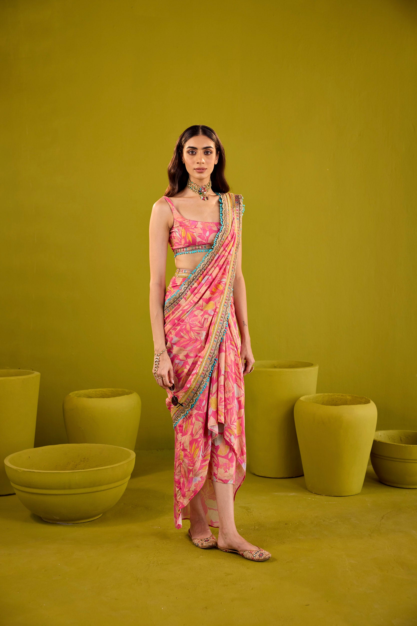 Zareena Pink Muslin Blouse & Skirt Set With Dupatta