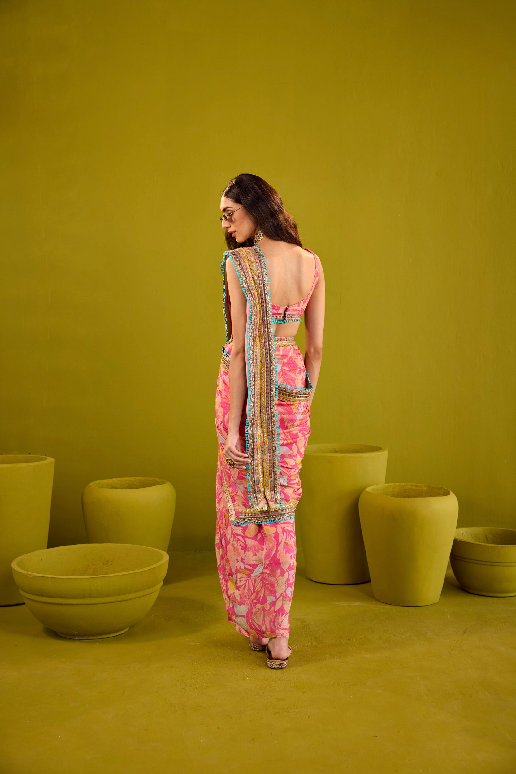 Zareena Pink Muslin Blouse & Skirt Set With Dupatta