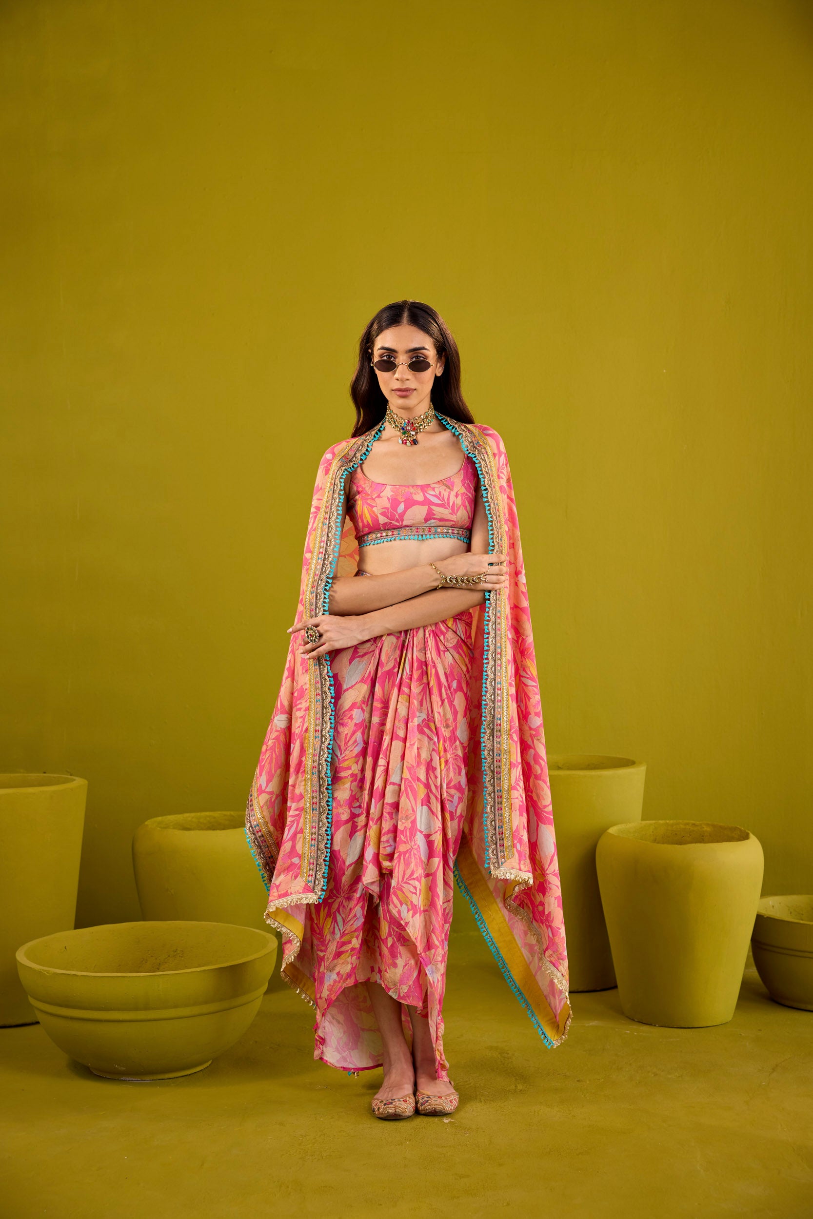 Zareena Pink Muslin Blouse & Skirt Set With Dupatta