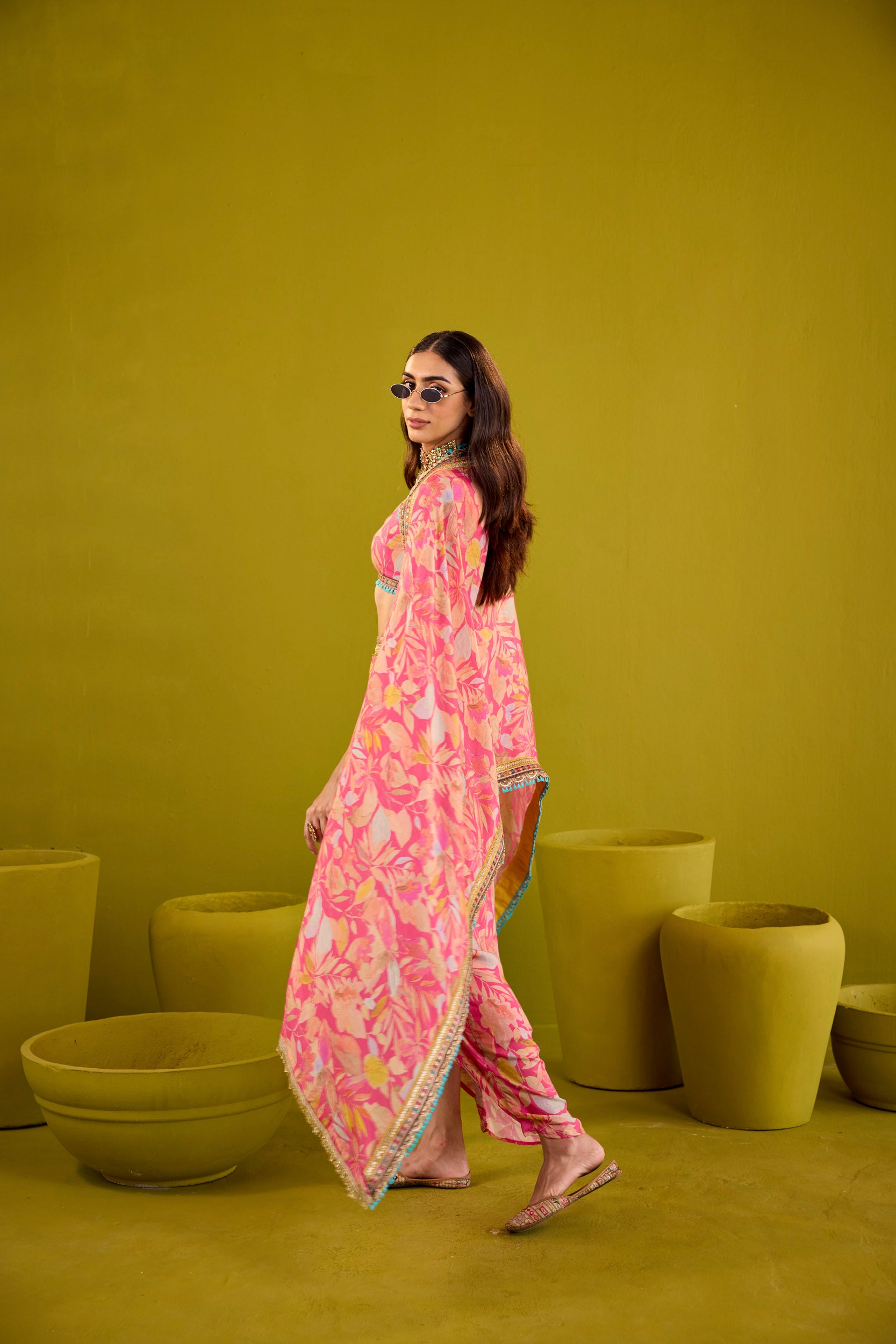 Zareena Pink Muslin Blouse & Skirt Set With Dupatta