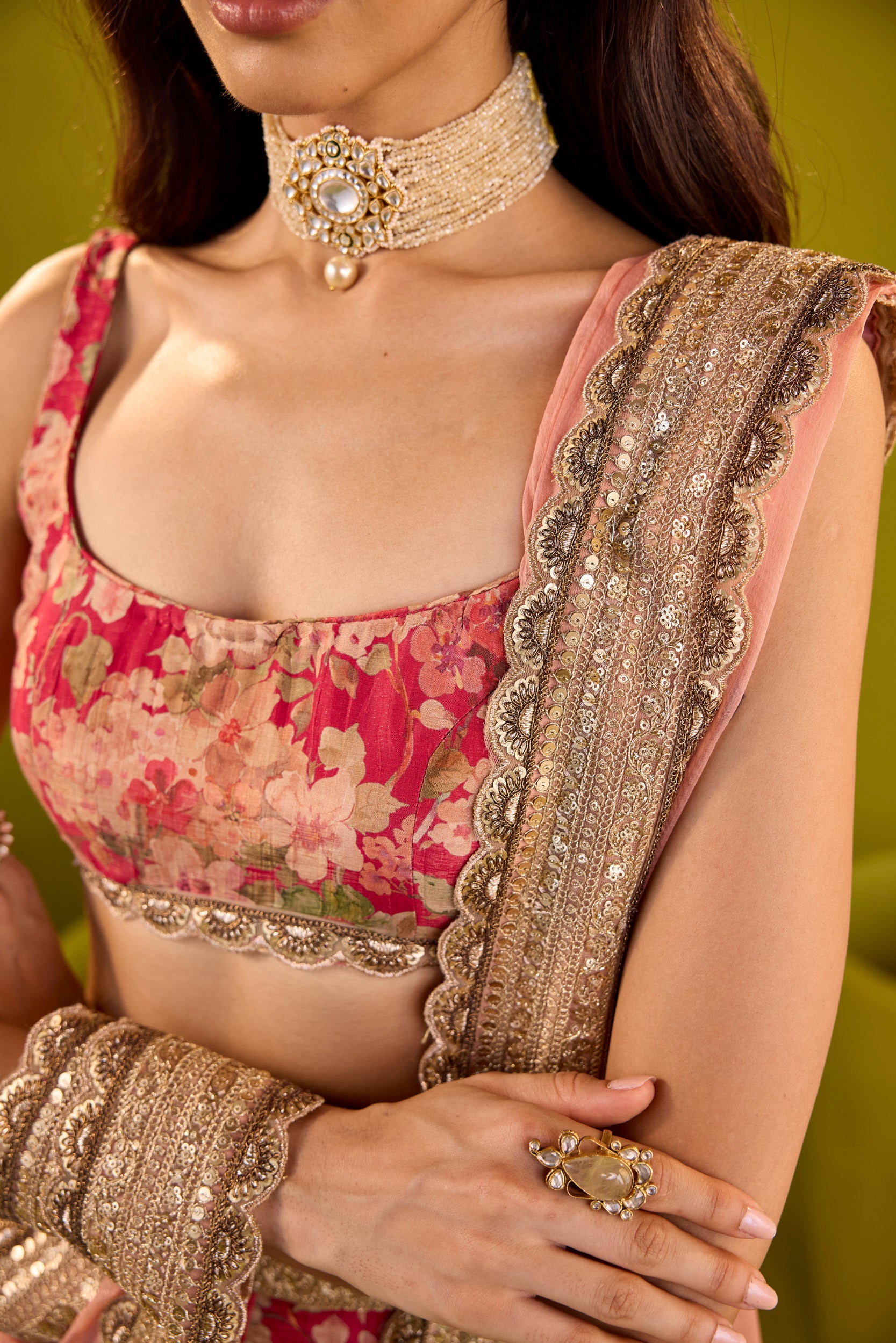 Mehroom Scarlett & Bronze Embellished Tissue Lehenga Set