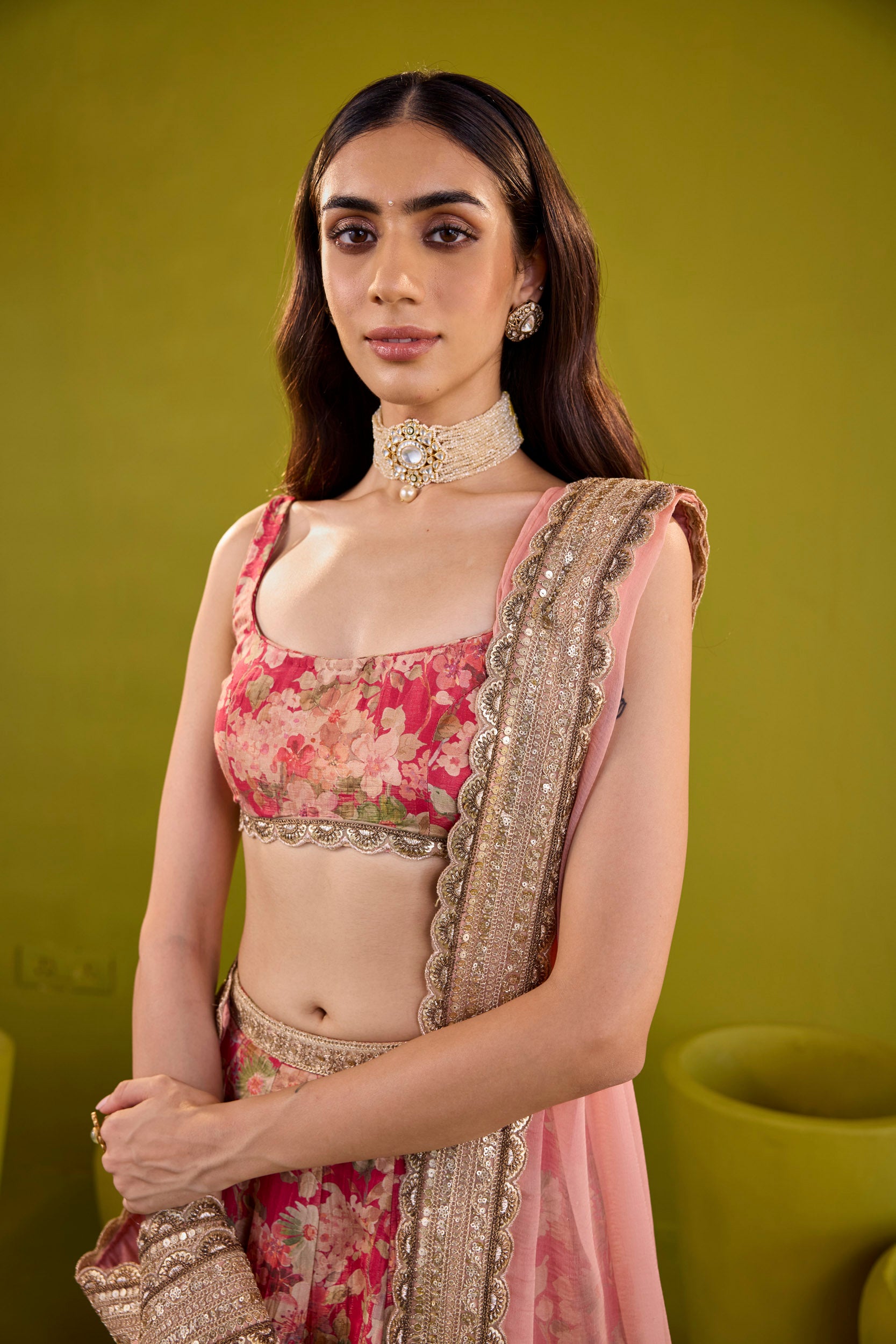 Mehroom Scarlett & Bronze Embellished Tissue Lehenga Set