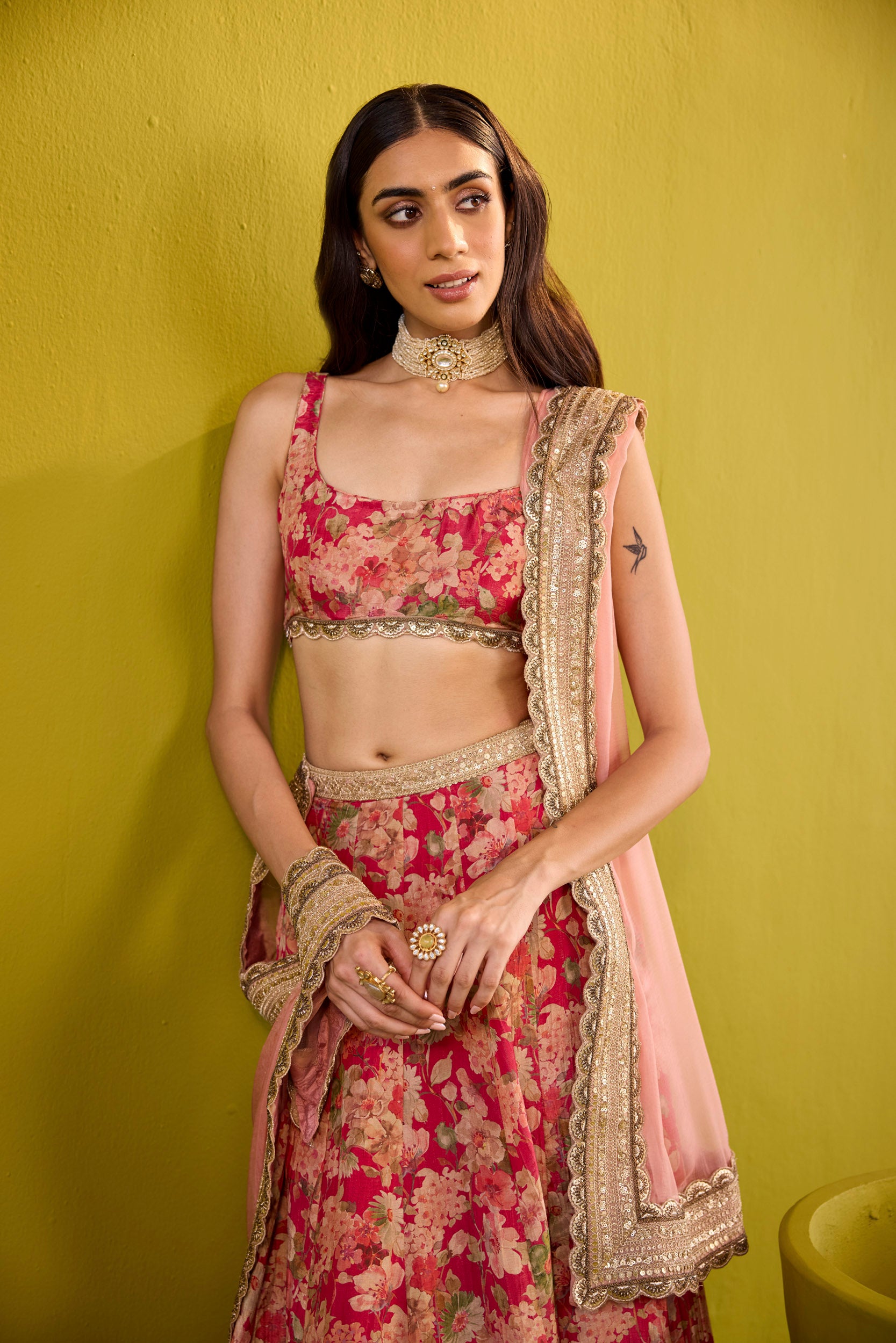 Mehroom Scarlett & Bronze Embellished Tissue Lehenga Set