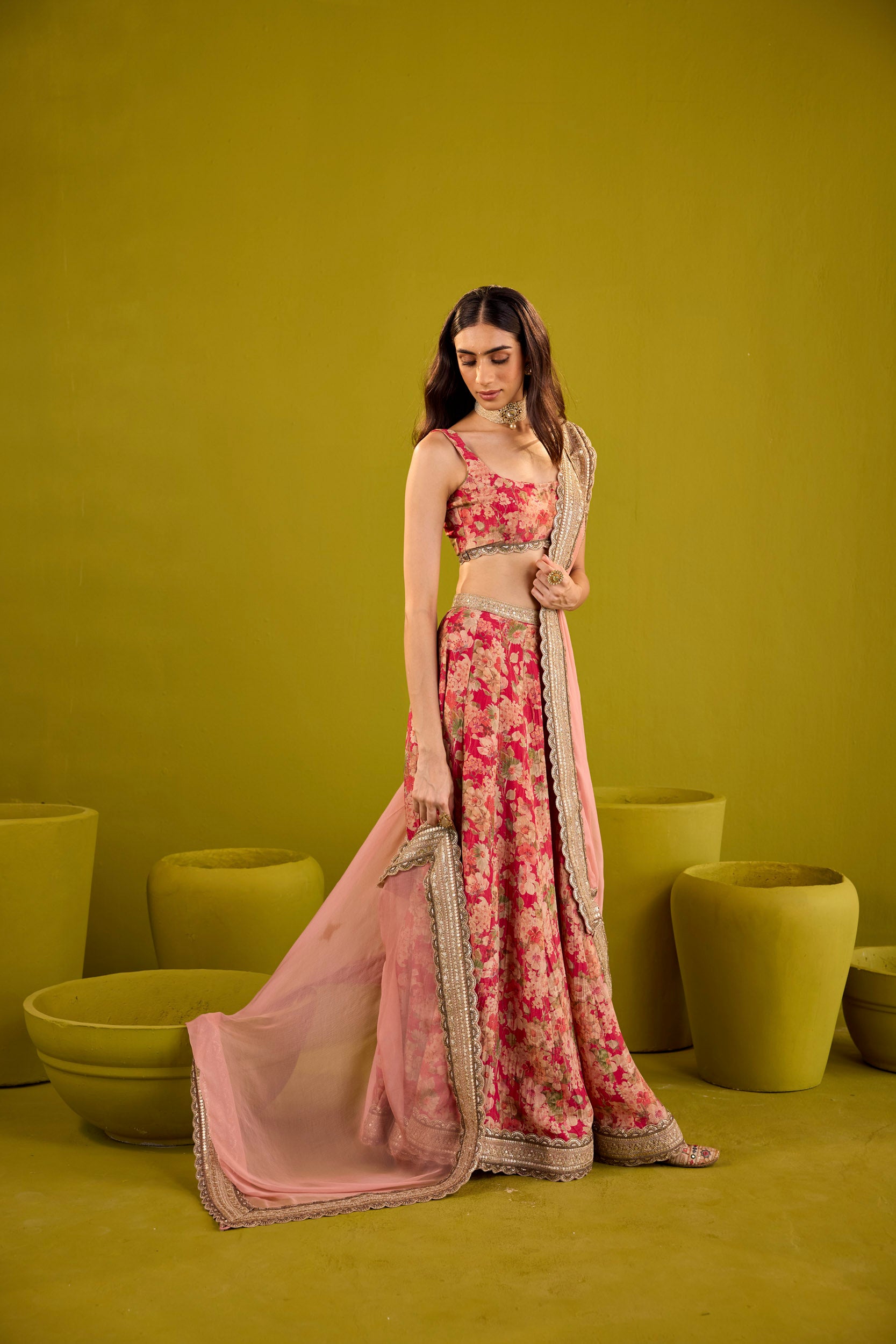 Mehroom Scarlett & Bronze Embellished Tissue Lehenga Set