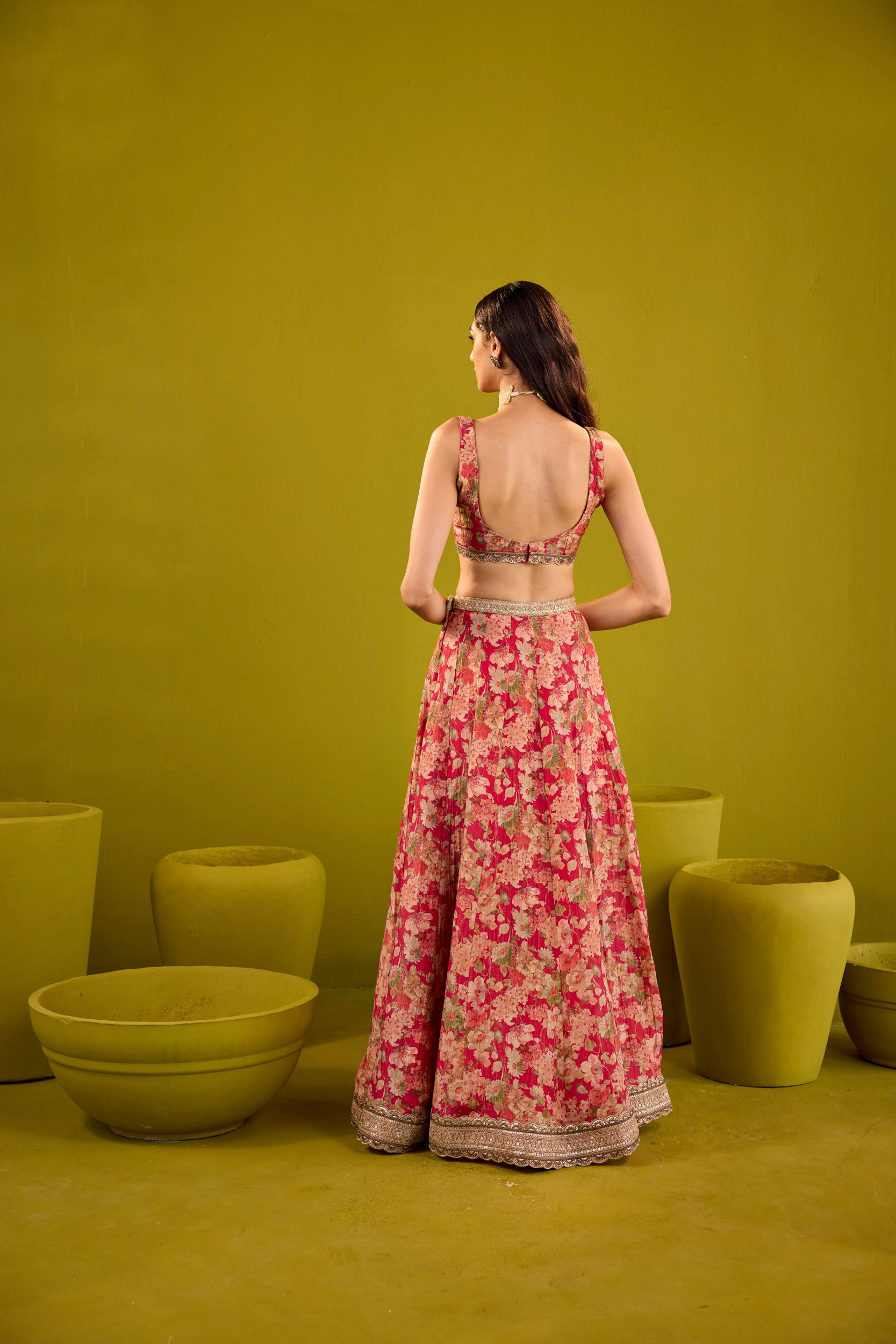 Mehroom Scarlett & Bronze Embellished Tissue Lehenga Set