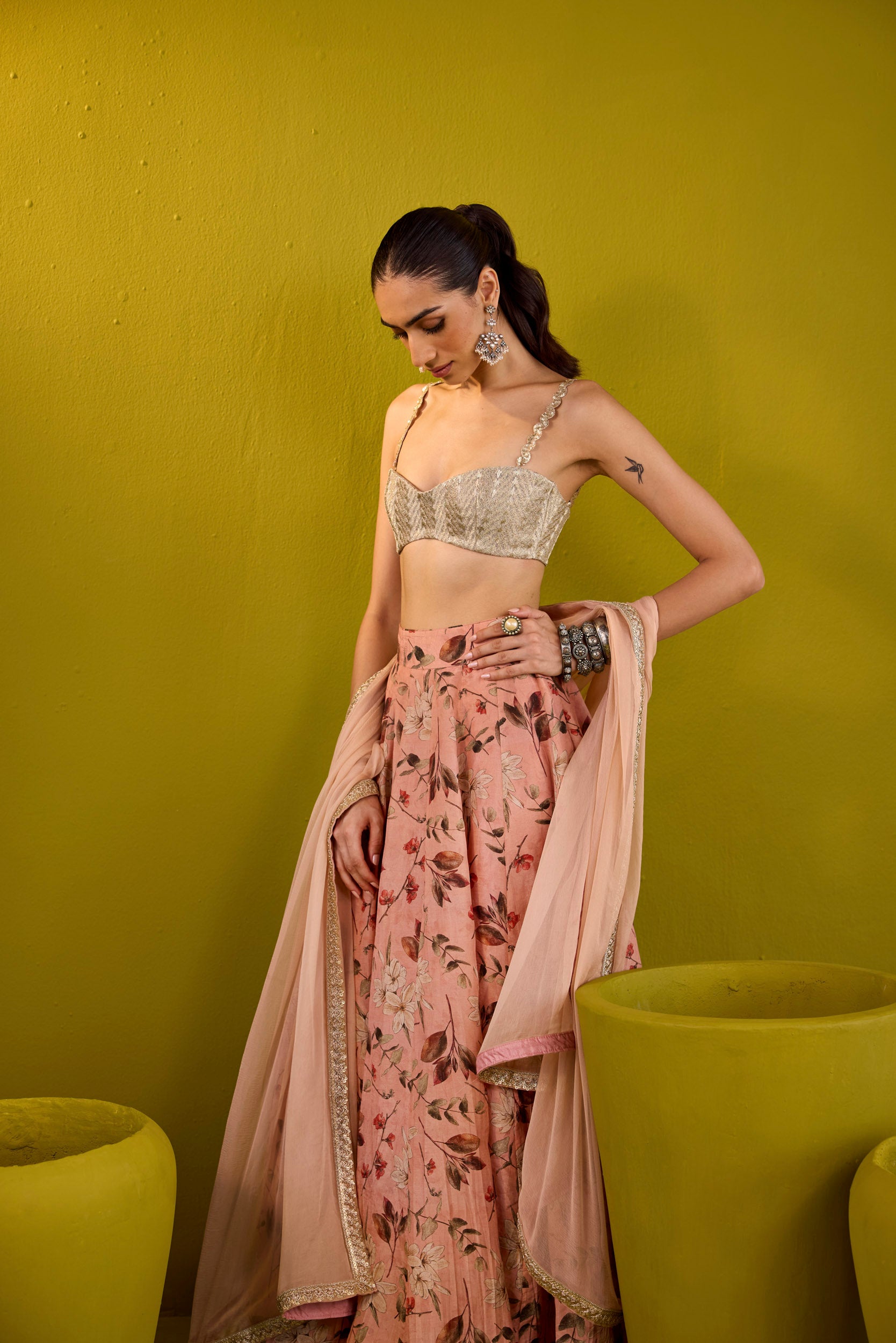 Keisha Peach & Silver Embellished Tissue Lehenga Set