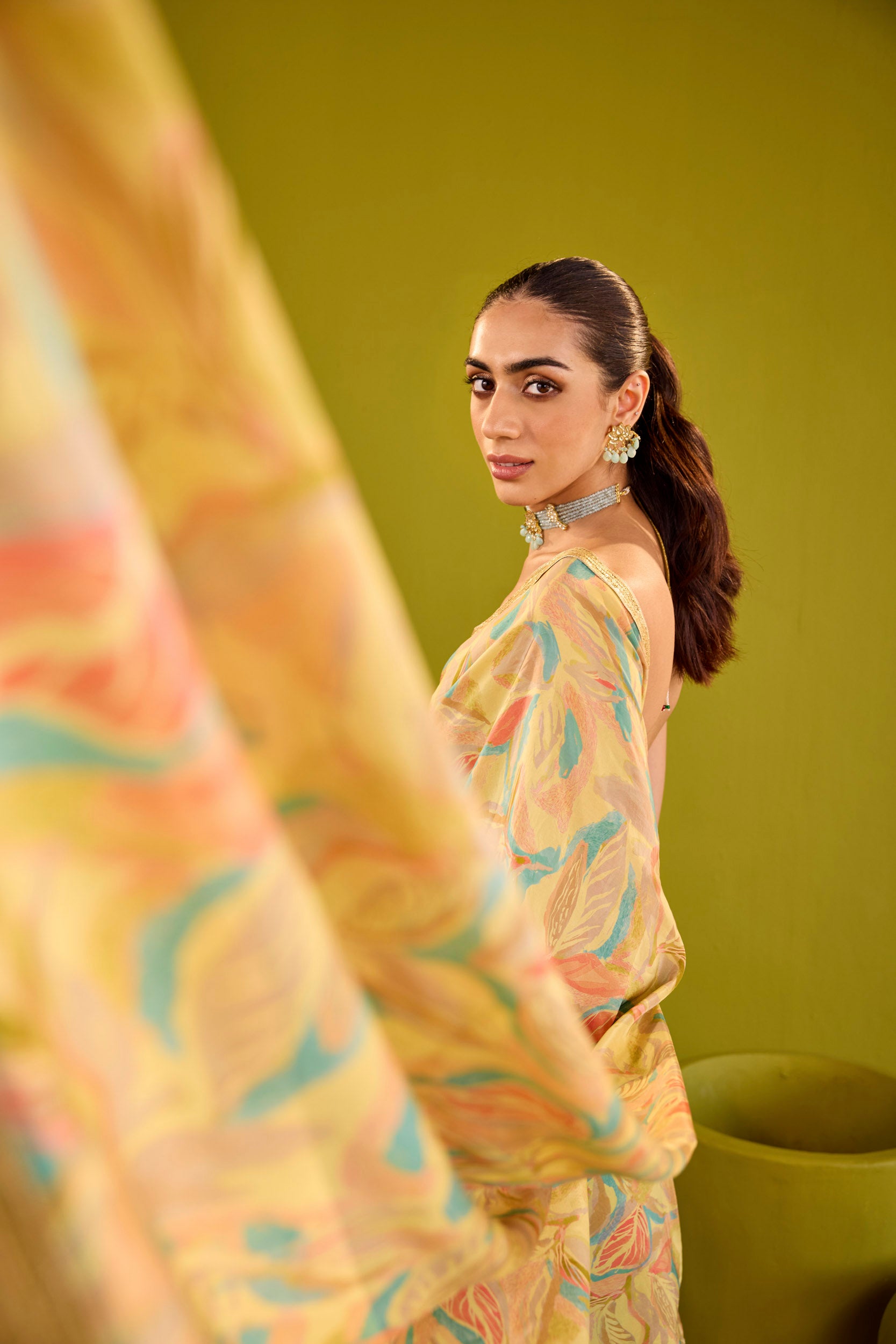 Kashish Yellow Crepe Saree With Gold Embroidered Strapless Blouse