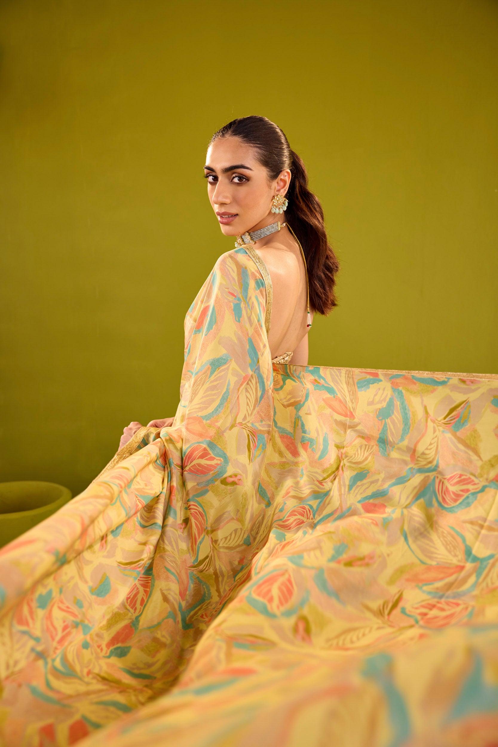 Kashish Yellow Crepe Saree With Gold Embroidered Strapless Blouse