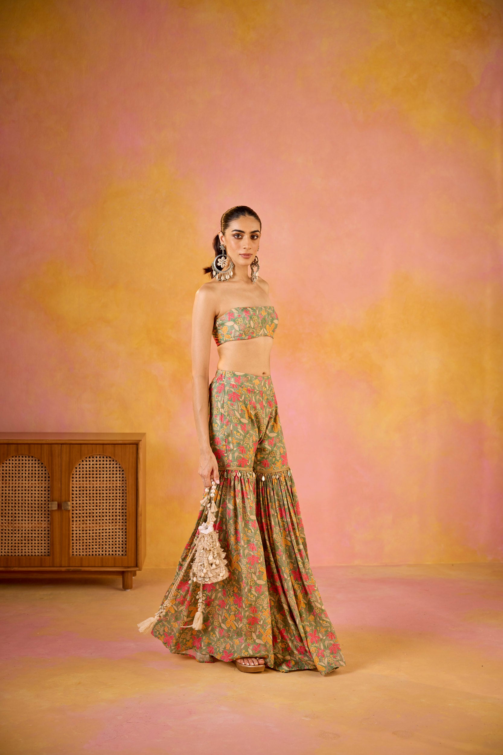 Aamna Green Muslin Blouse & Sharara Set With Cape