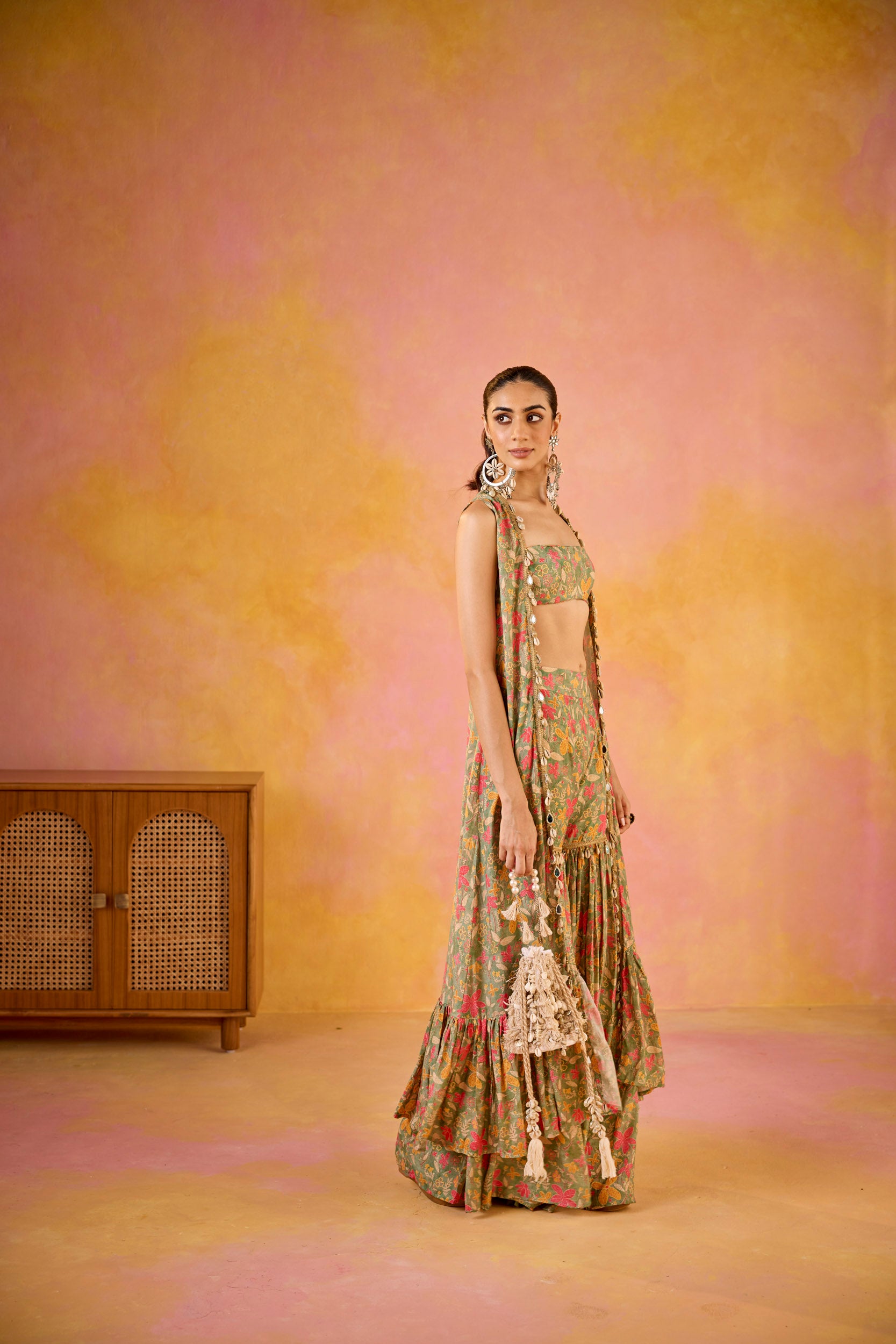 Aamna Green Muslin Blouse & Sharara Set With Cape