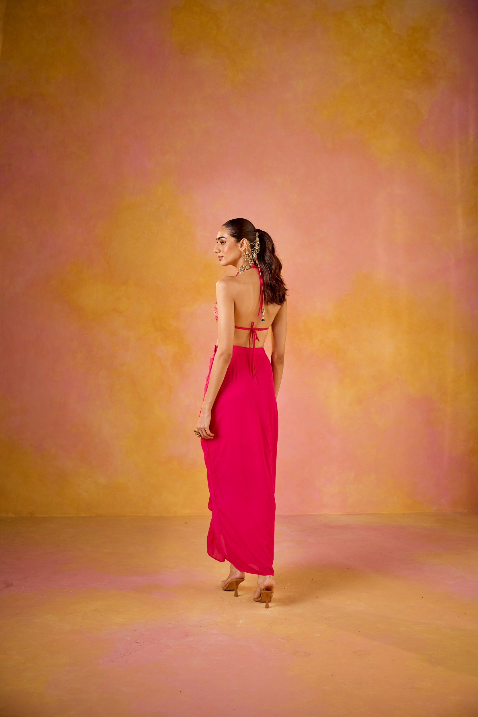 Zeba Hot Pink Embroidered Blouse & Crepe Skirt Set With Cape