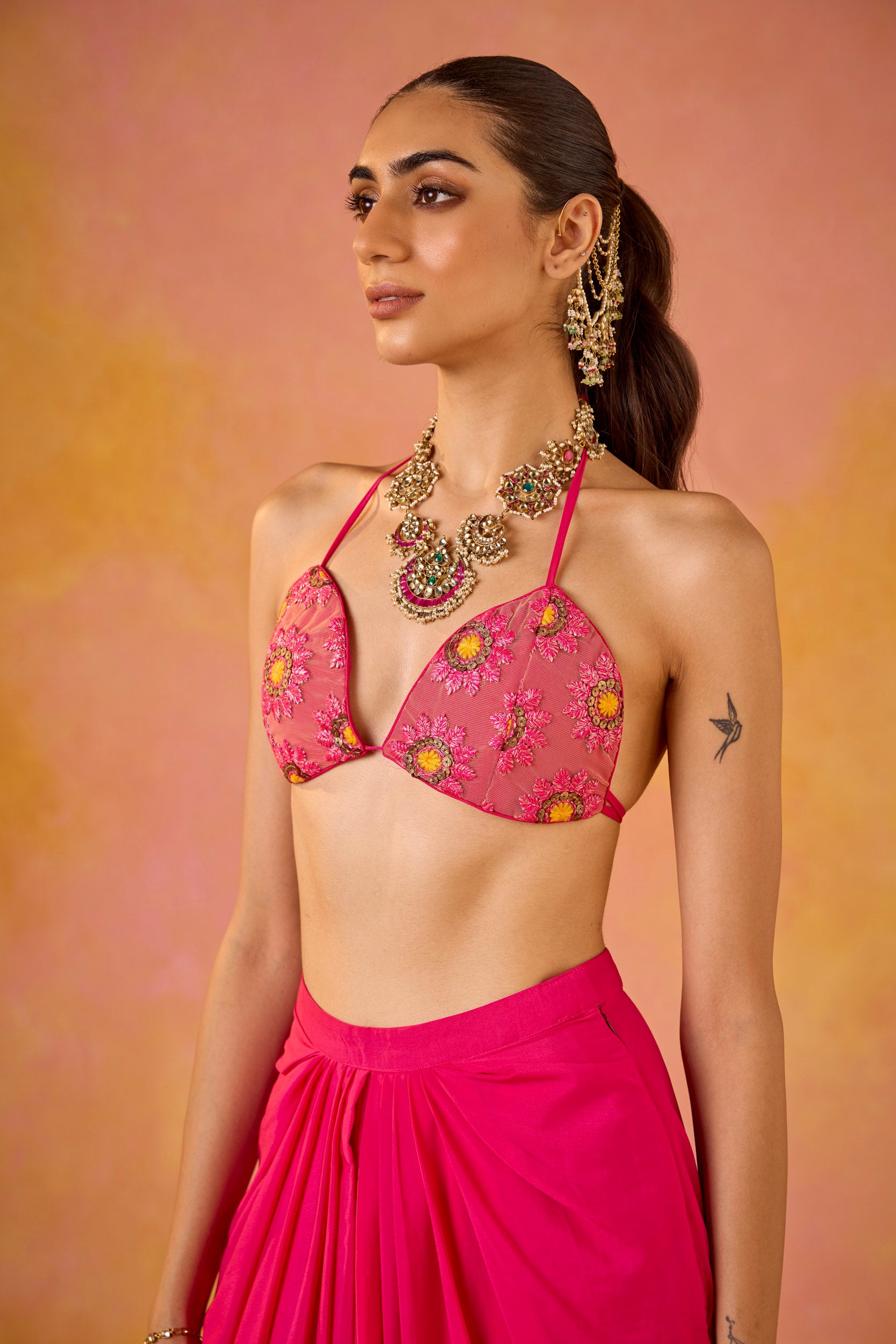 Zeba Hot Pink Embroidered Blouse & Crepe Skirt Set With Cape