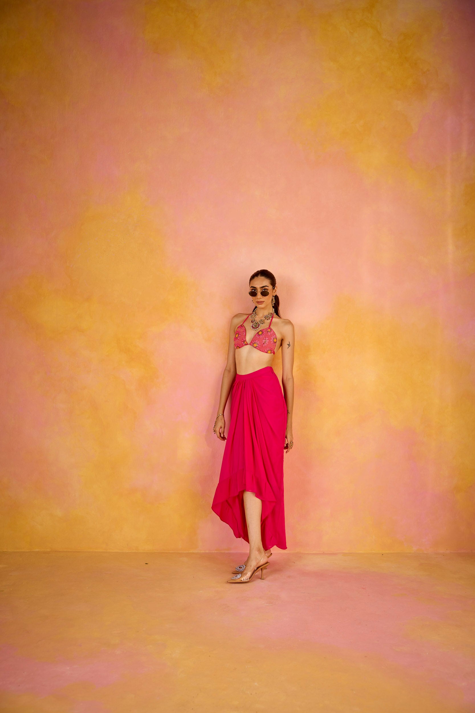 Zeba Hot Pink Embroidered Blouse & Crepe Skirt Set With Cape