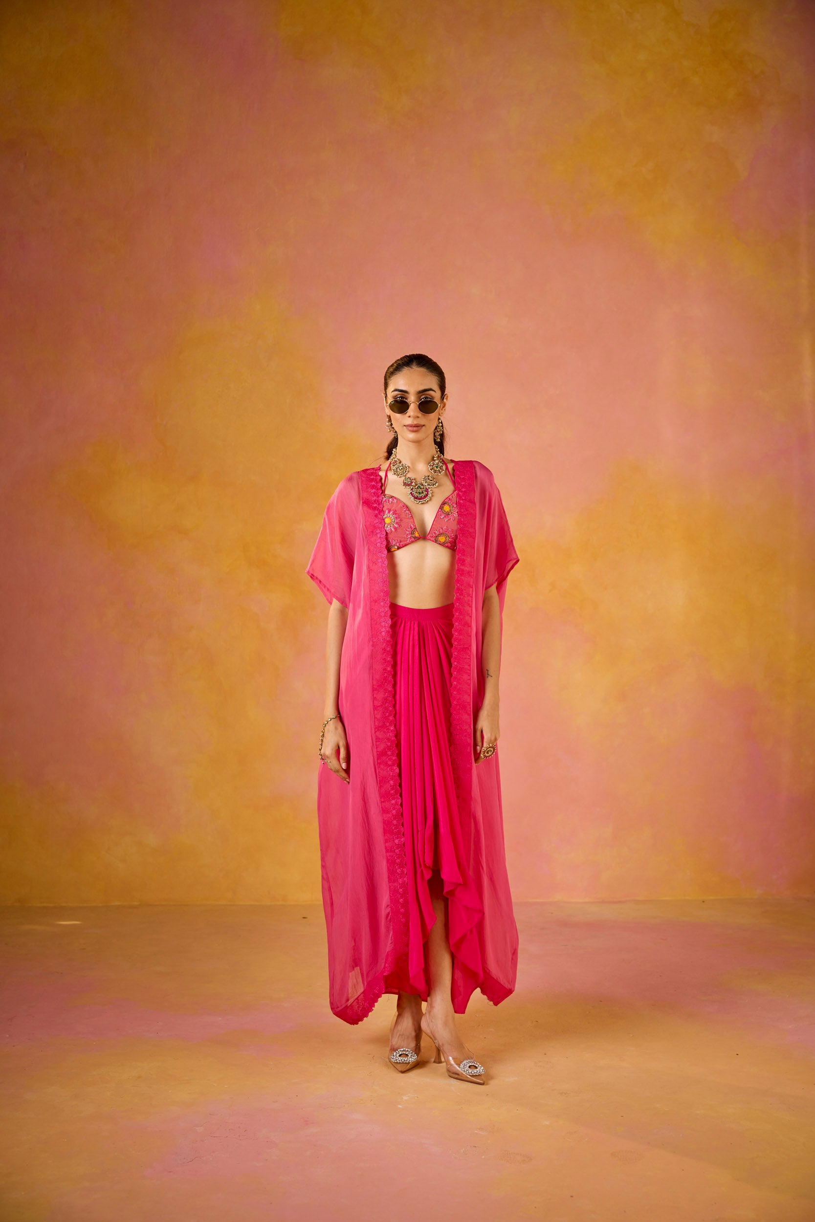 Zeba Hot Pink Embroidered Blouse & Crepe Skirt Set With Cape