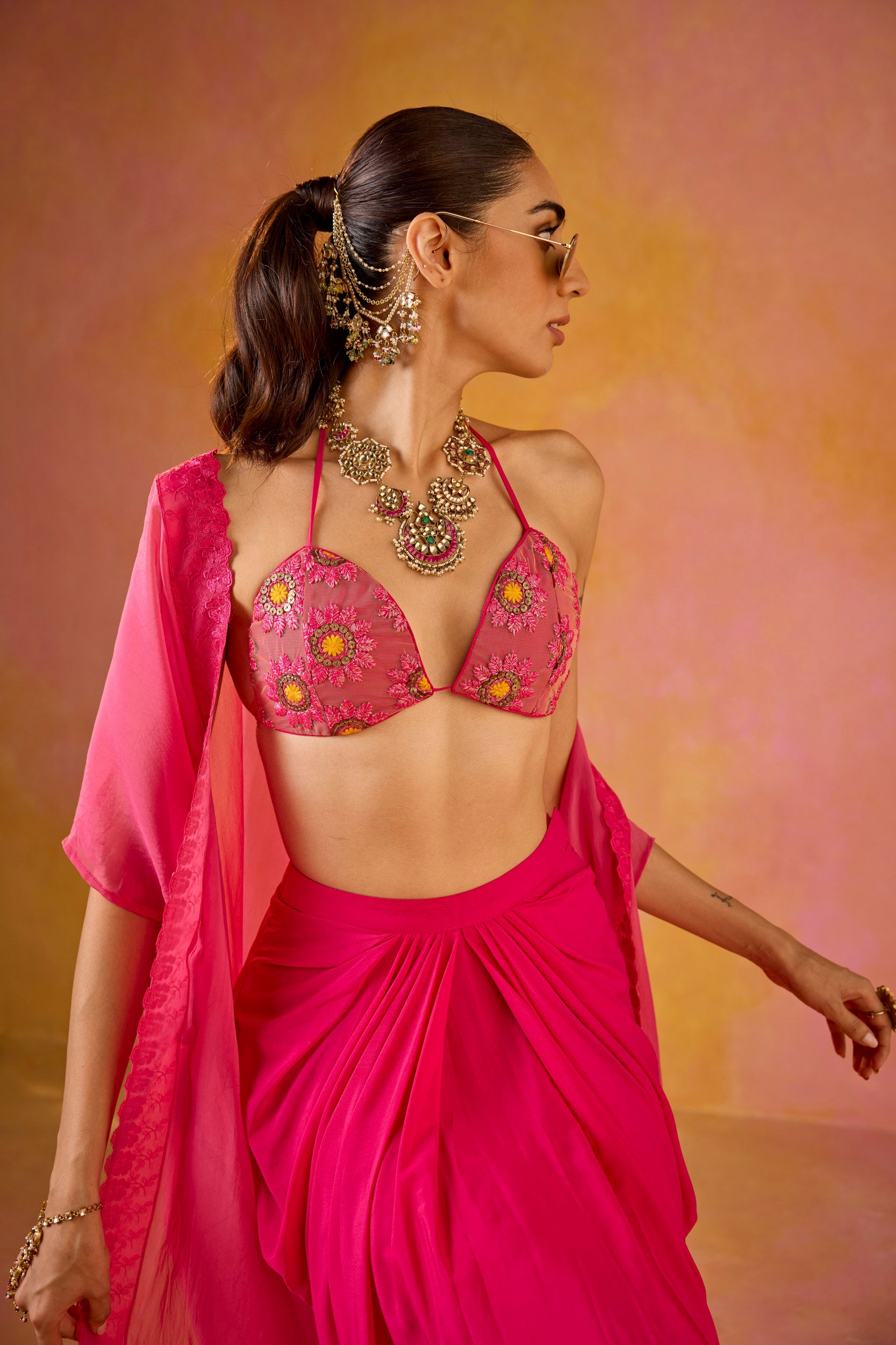Zeba Hot Pink Embroidered Blouse & Crepe Skirt Set With Cape