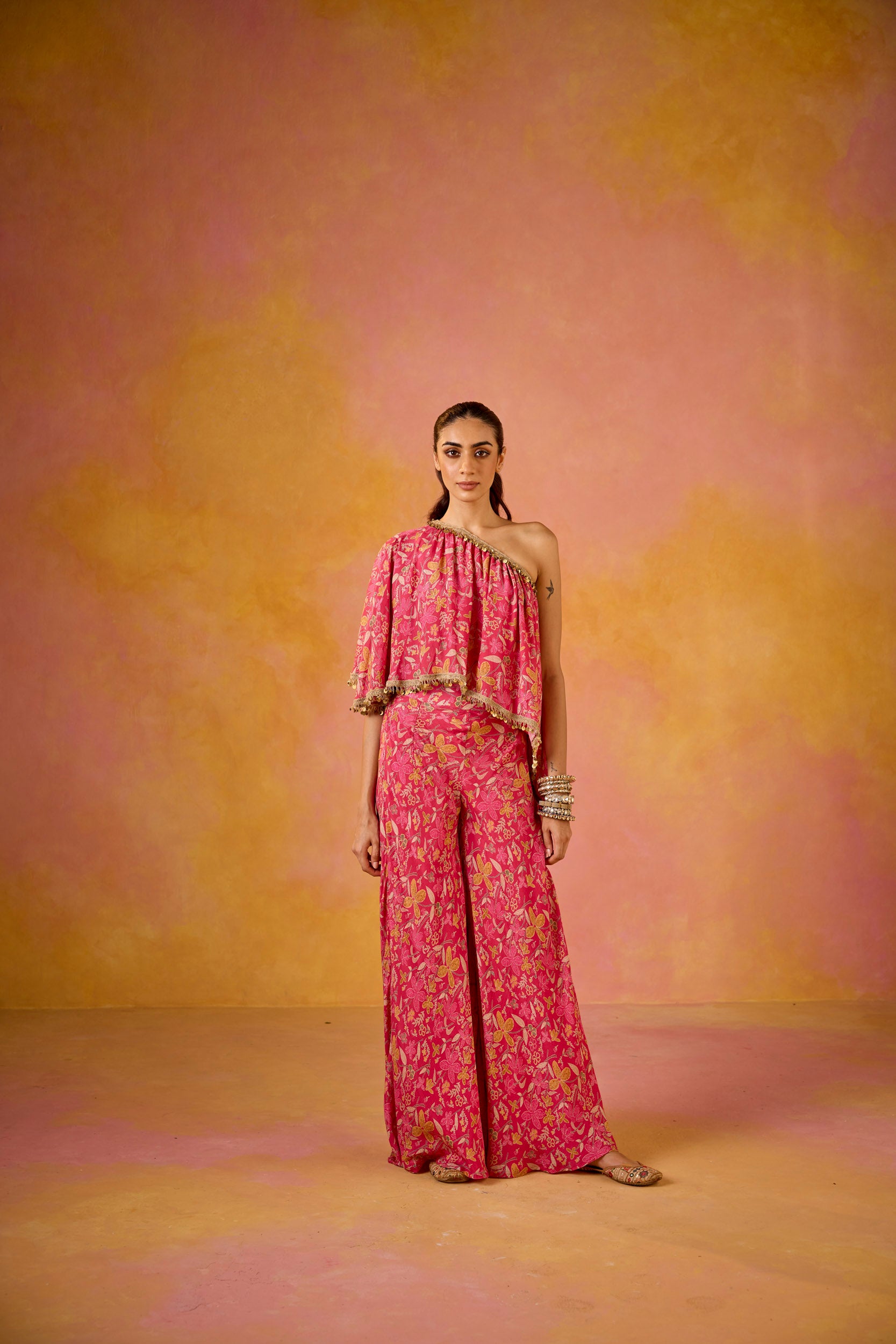 Amayra Hot Pink Muslin One-Shoulder Top & Flared Sharara Set