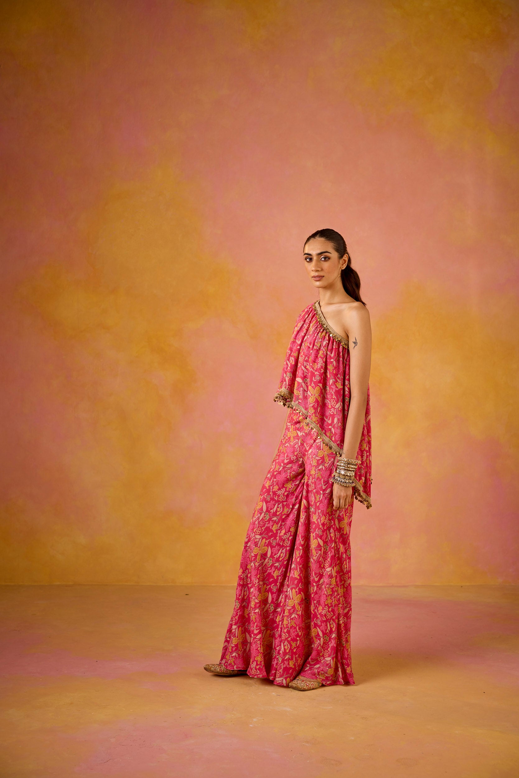 Amayra Hot Pink Muslin One-Shoulder Top & Flared Sharara Set
